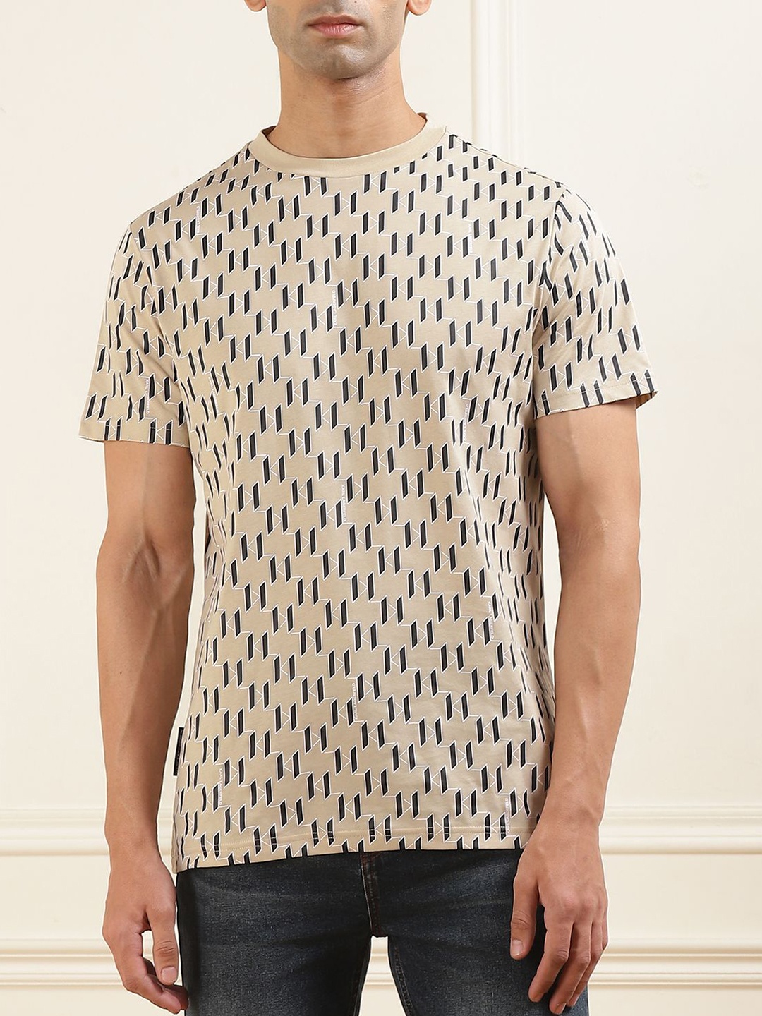 

Karl Lagerfeld Men Abstract Printed Round Neck Cotton Slim Fit T-shirt, Yellow