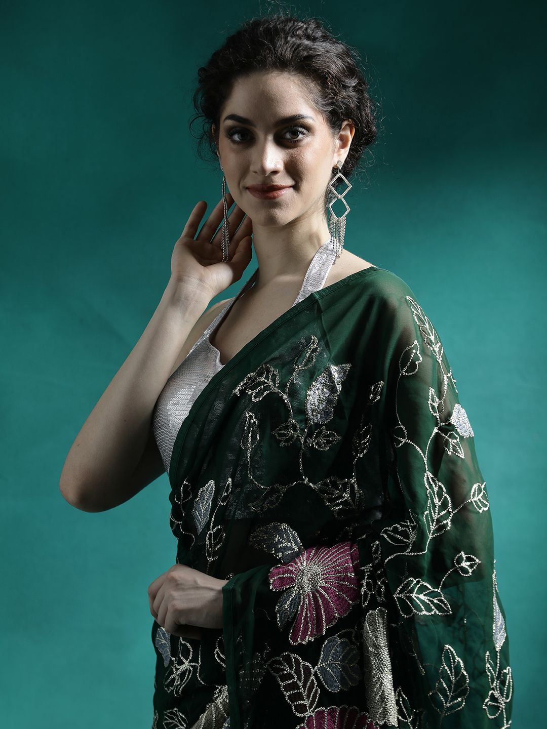 

Sangria Embellished Embroidered Designer Saree, Green