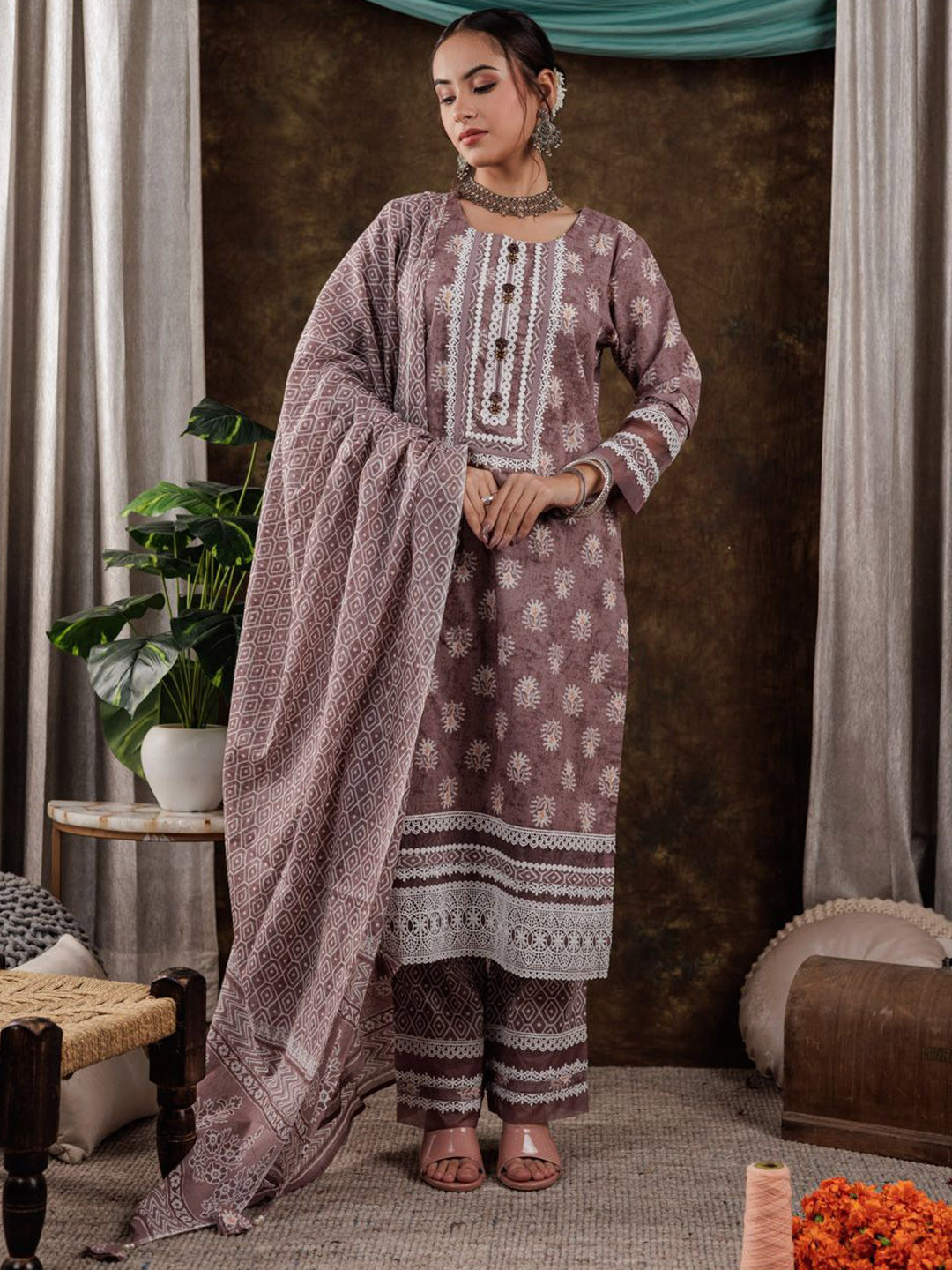 

Yufta Purple Ethnic Motifs Round Neck Lace Pure Cotton Kurta With Trousers & Dupatta