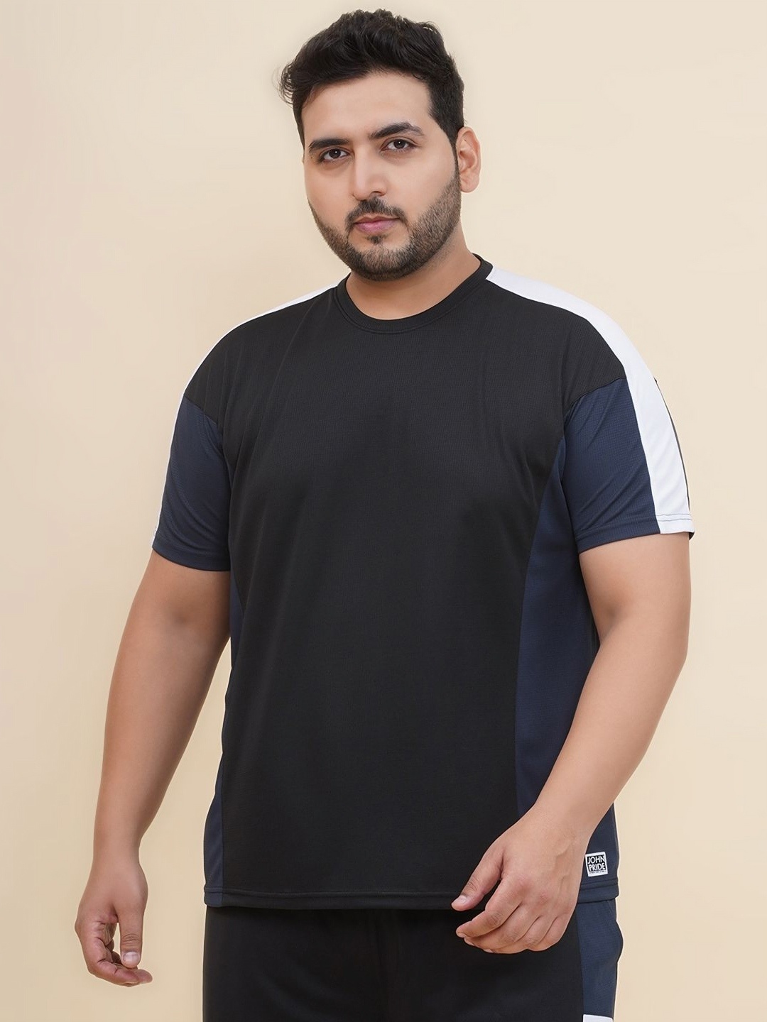 

John Pride Men Colourblocked Round Neck Plus Size T-shirt, Black