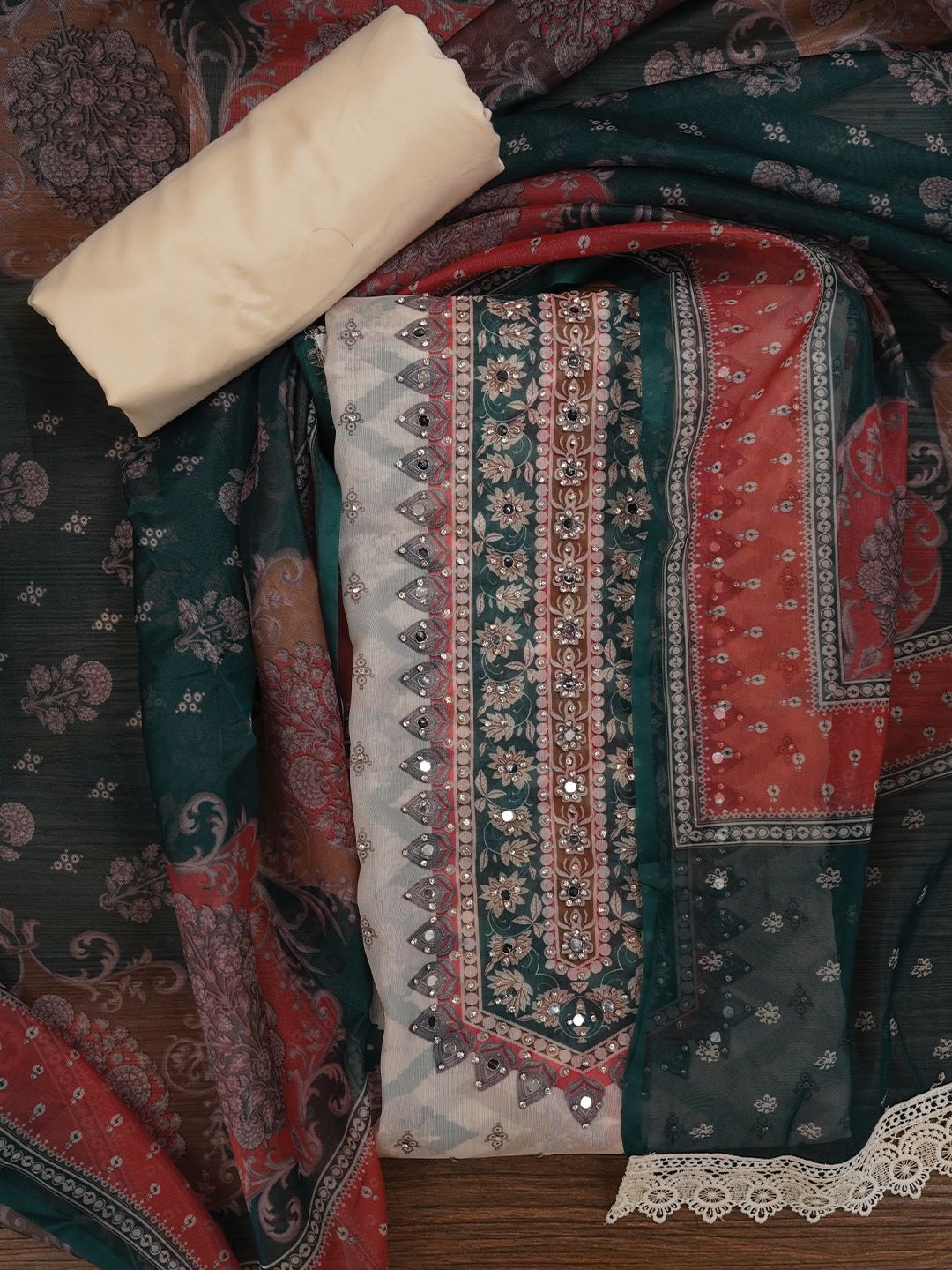 

Jaipur Kurti Floral Printed Organza Dress Material With Dupatta, Green