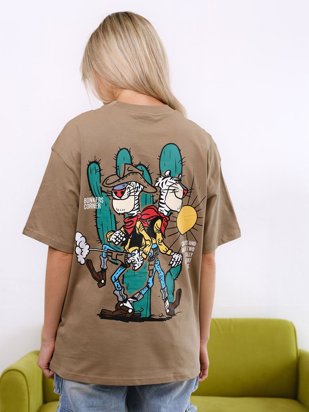 

Bonkers Corner Women Graphic Printed Round Neck Cotton Oversized T-shirt, Beige