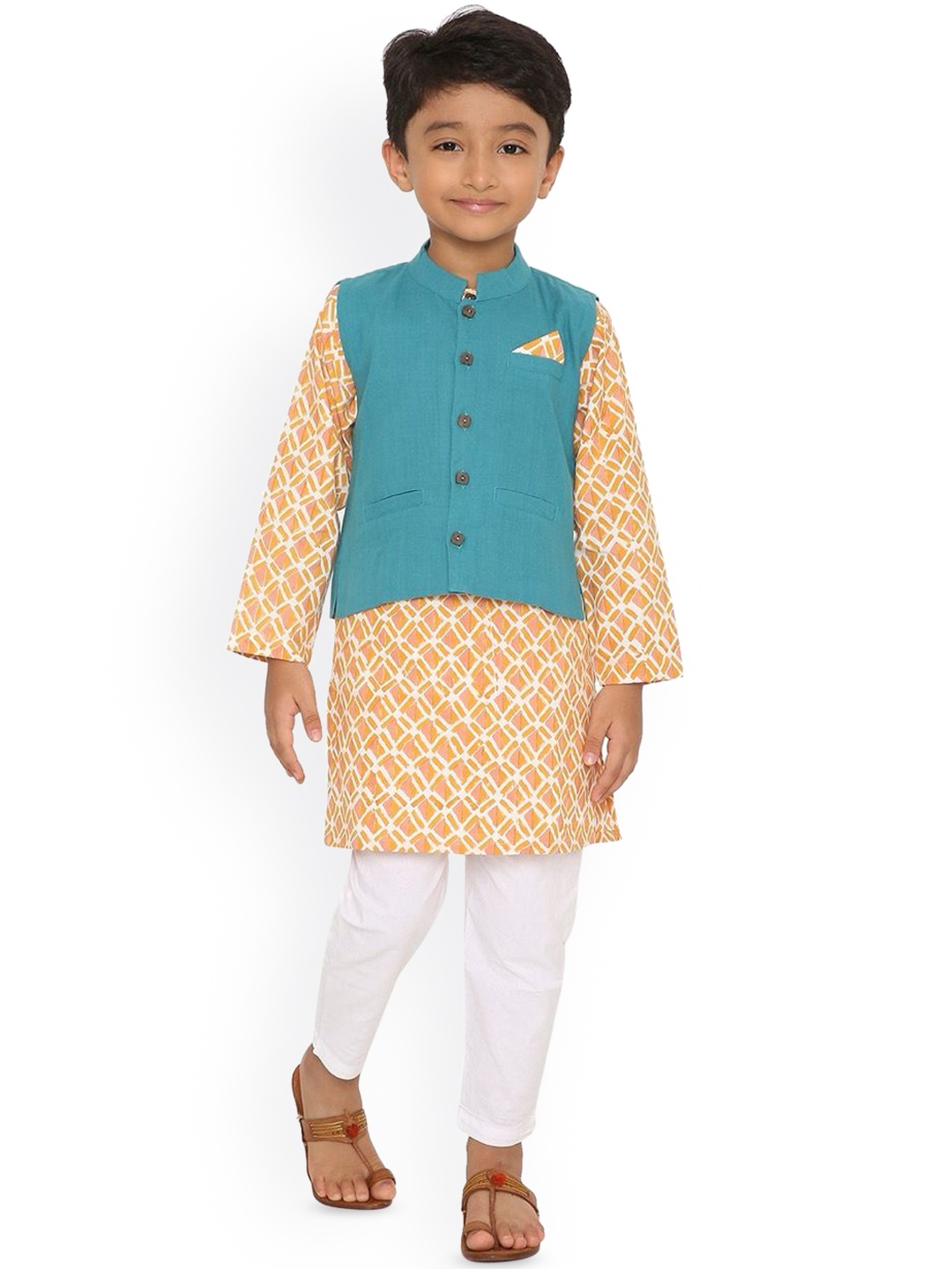 

Miko Lolo Boys Printed Straight Pure Cotton Kurta with Churidar & Jacket, Orange