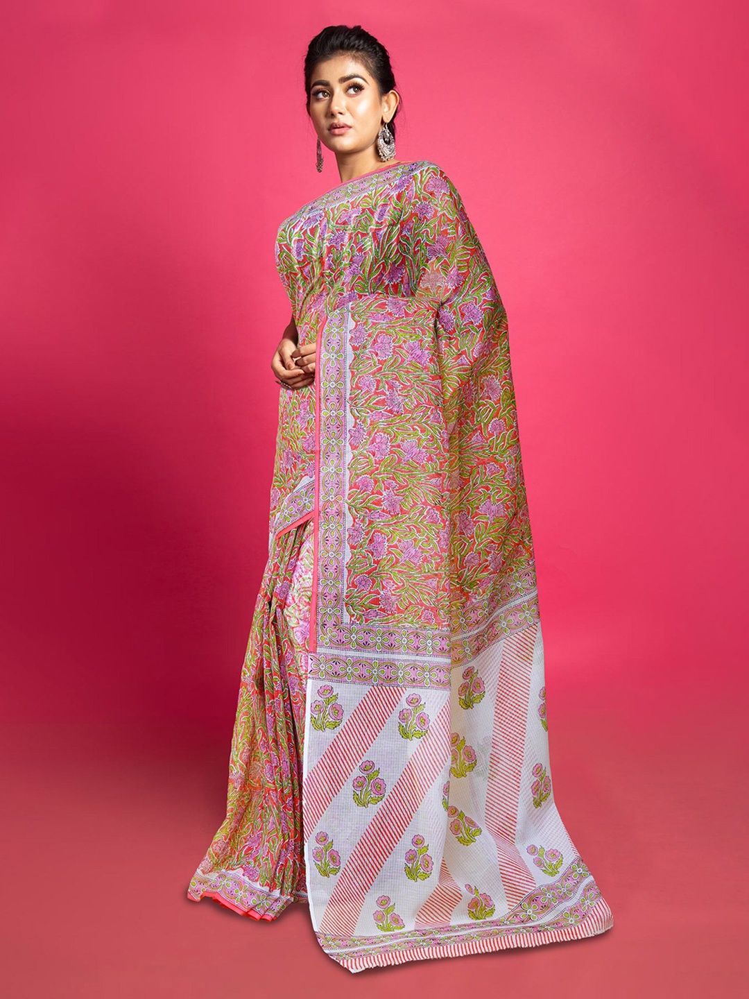 

Unnati Silks Ethnic Motifs Silk Cotton Handloom Block Print Saree, Peach