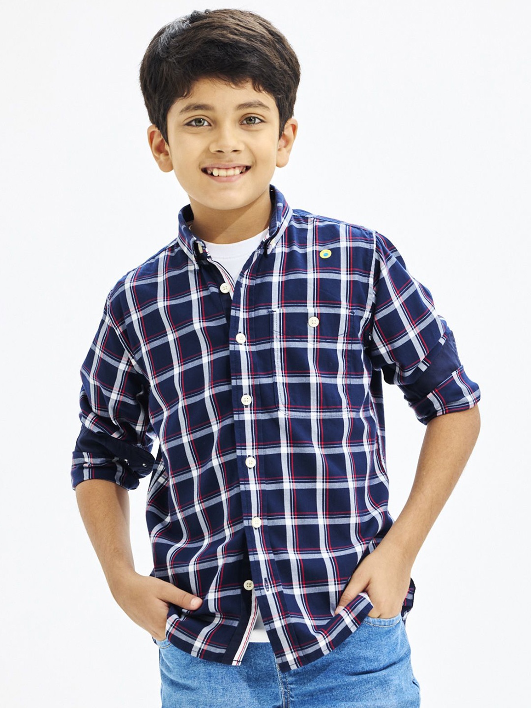 

NO MONDAYS Boys Relaxed Spread Collar Checked Cotton Casual Shirt, Navy blue