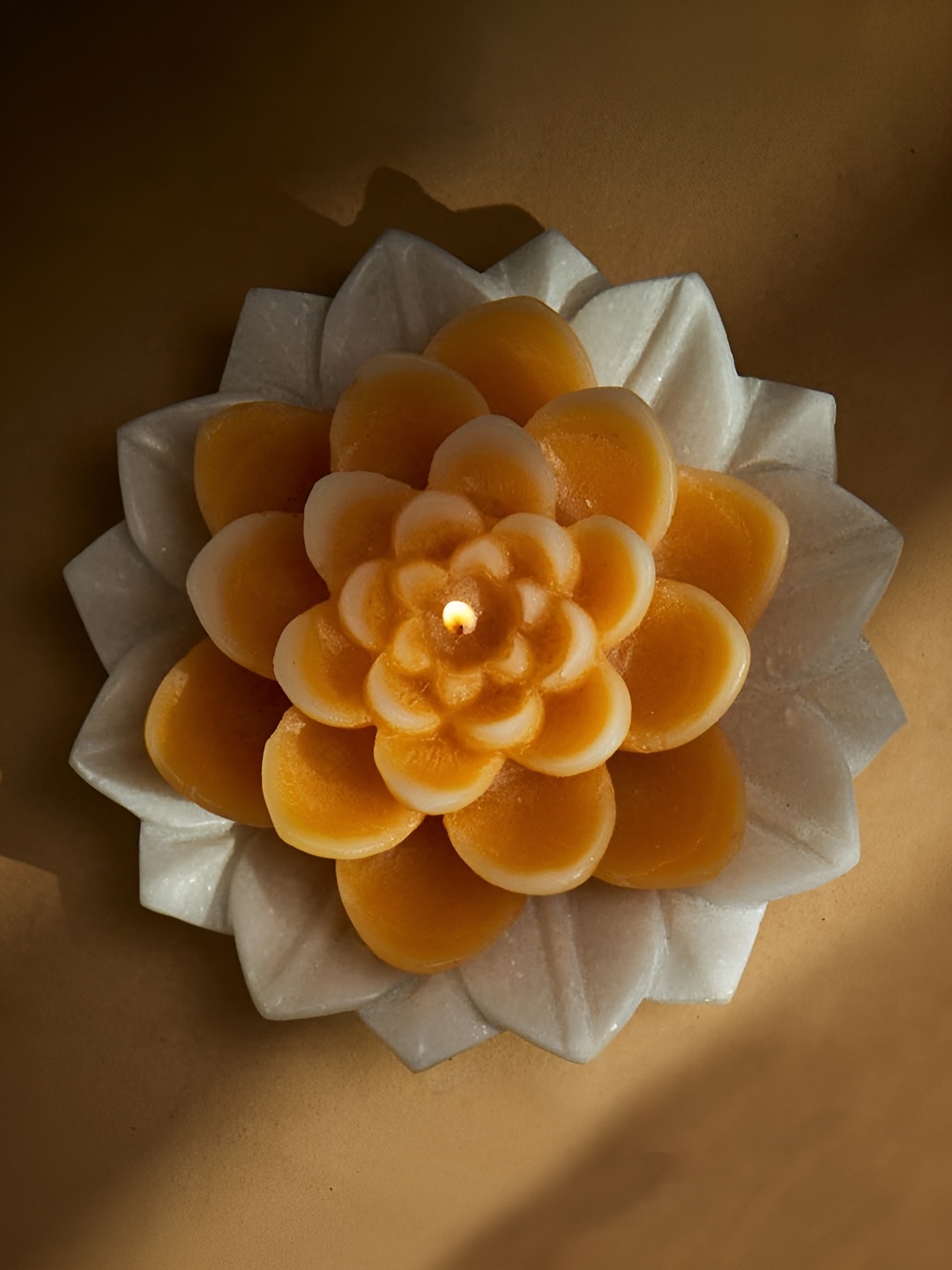 

MAATIR DESIGNS Orange & White Scented Lotus Candle with Marble Lotus Plate