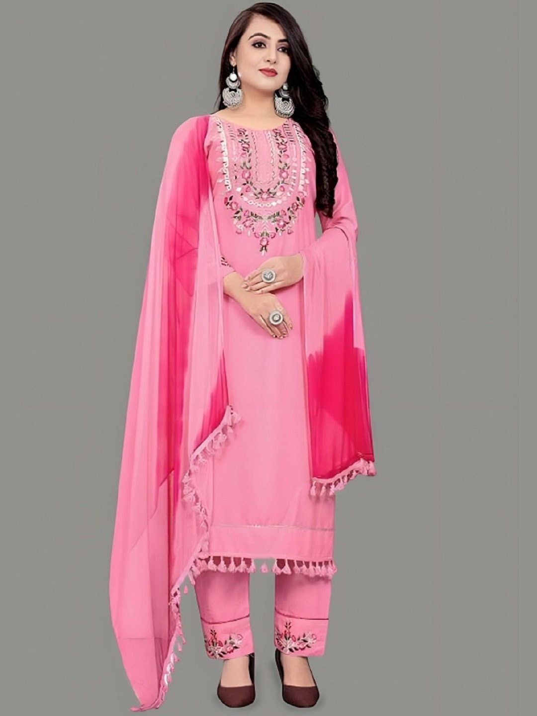 

LADY SHOPI Floral Embroidered Mirror Work Straight Kurta With Trousers & Duppatta, Pink