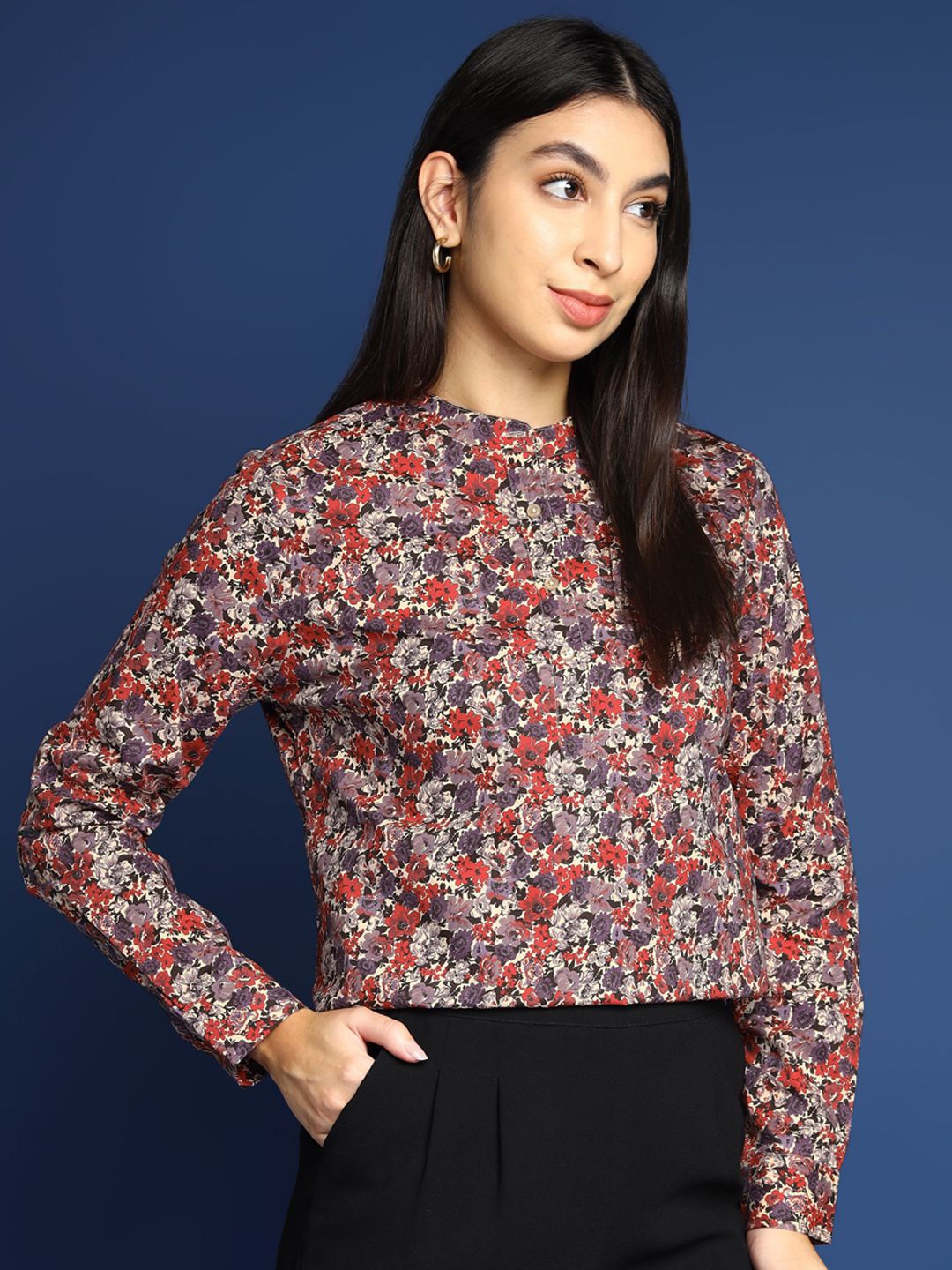 

Hancock loral Printed Mandarin Collar Pure Cotton Formal Top, Red