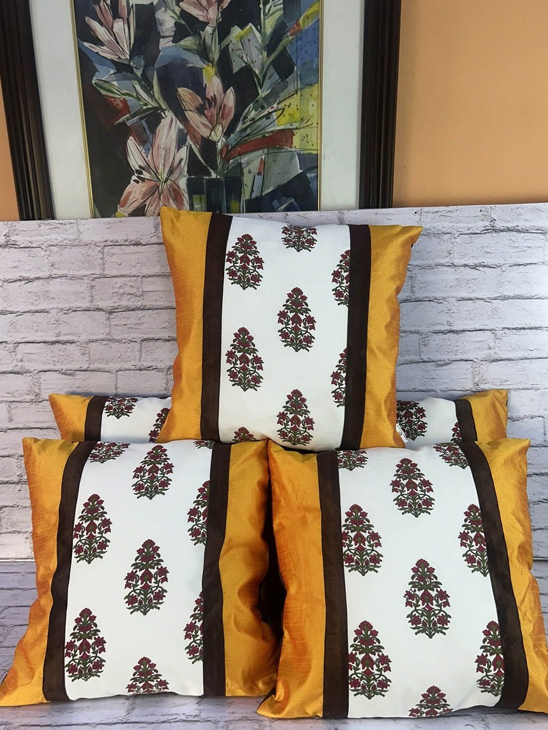 

Pink Parrot White & Orange 5 Pieces Ethnic Motifs Square Cushion Covers