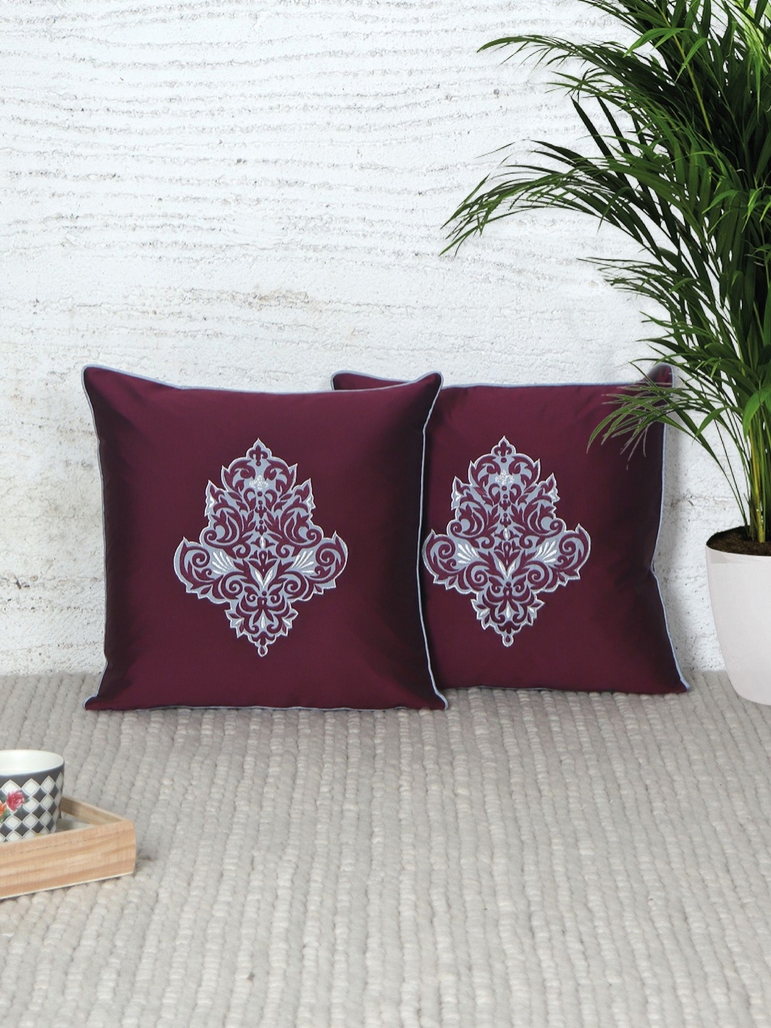 

ZEBA Purple & Grey 2 Pieces Ethnic Motifs Square Cushion Covers