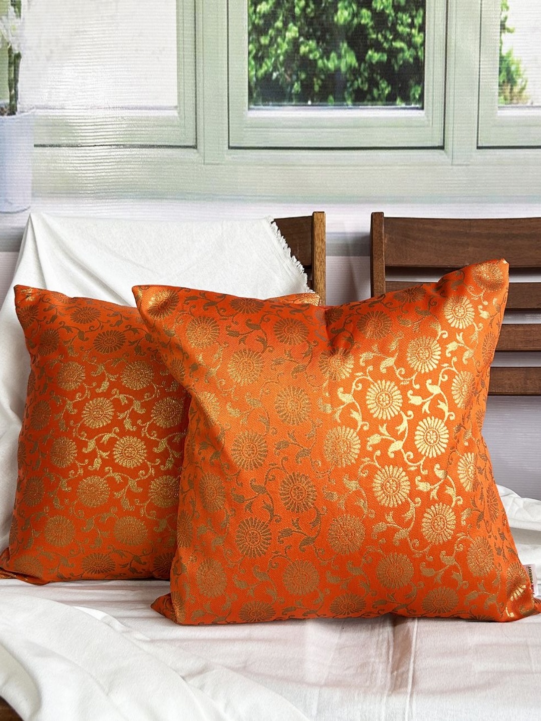 

Pink Parrot Orange Colored & Gold Toned 2 Pieces Floral Printed Square Cushion Covers