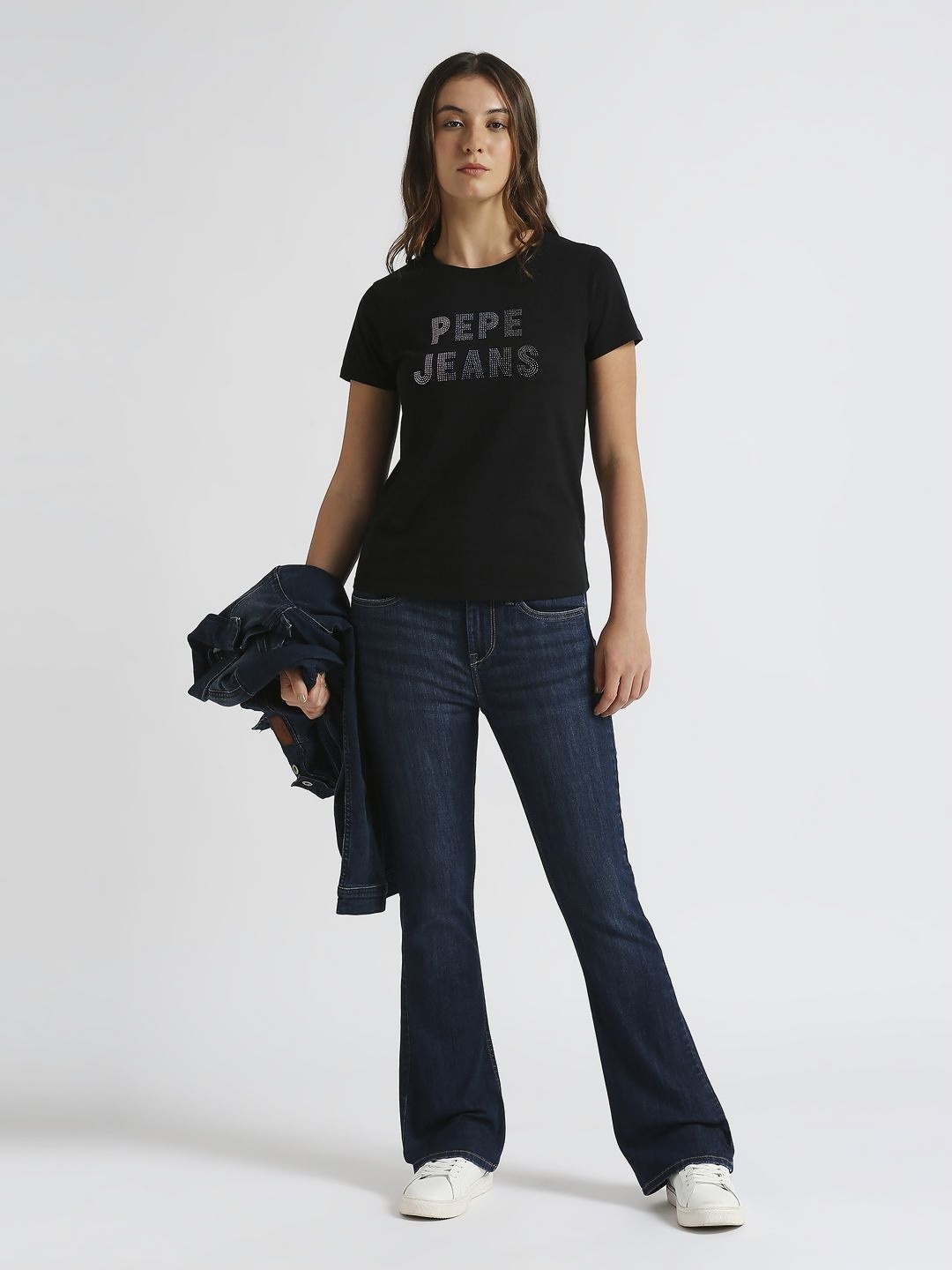 

Pepe Jeans Women Typography Printed Round Neck Pure Cotton T-shirt, Black