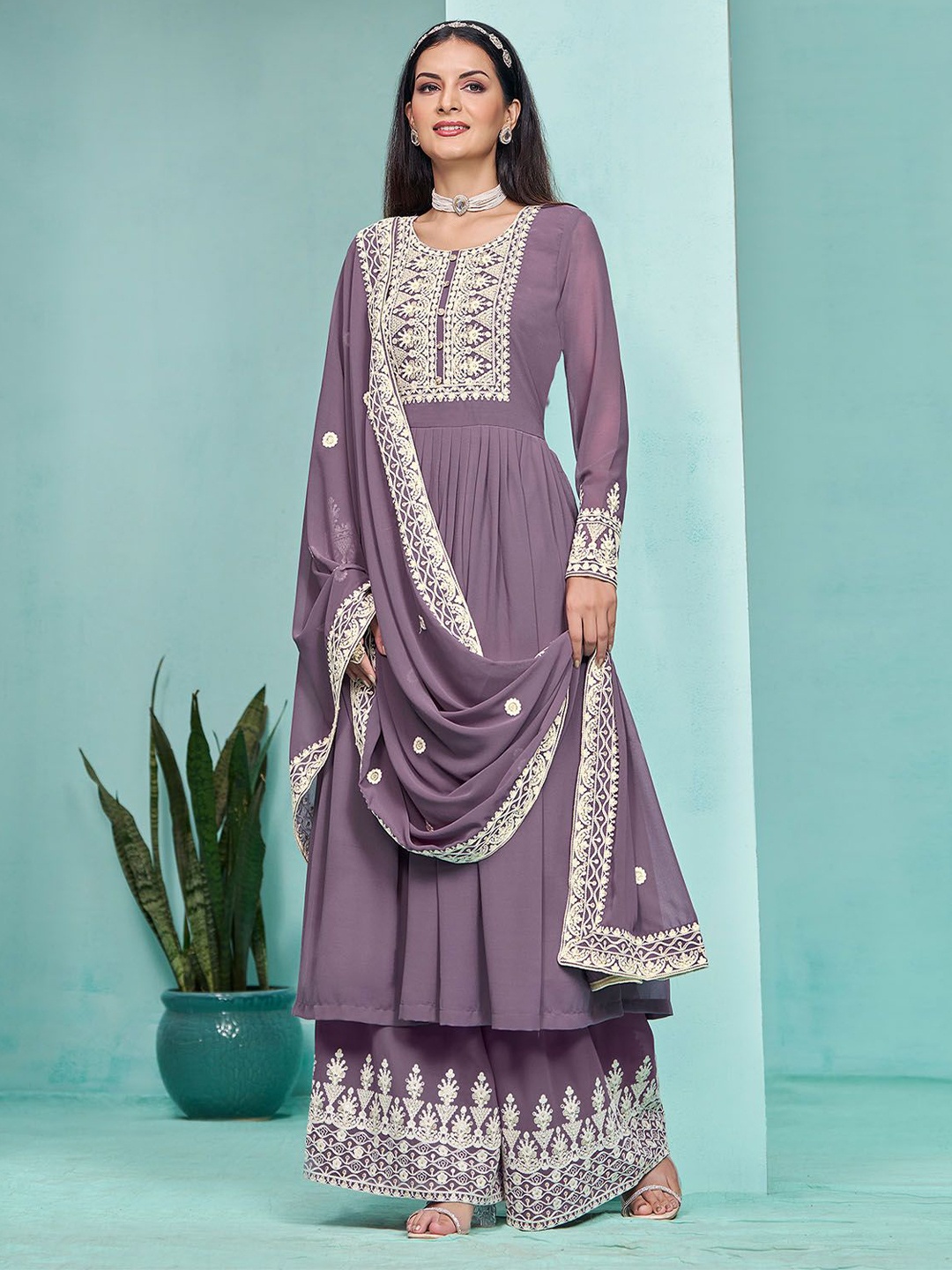 

ODETTE Floral Embroidered Semi Stitched Dress Material, Purple