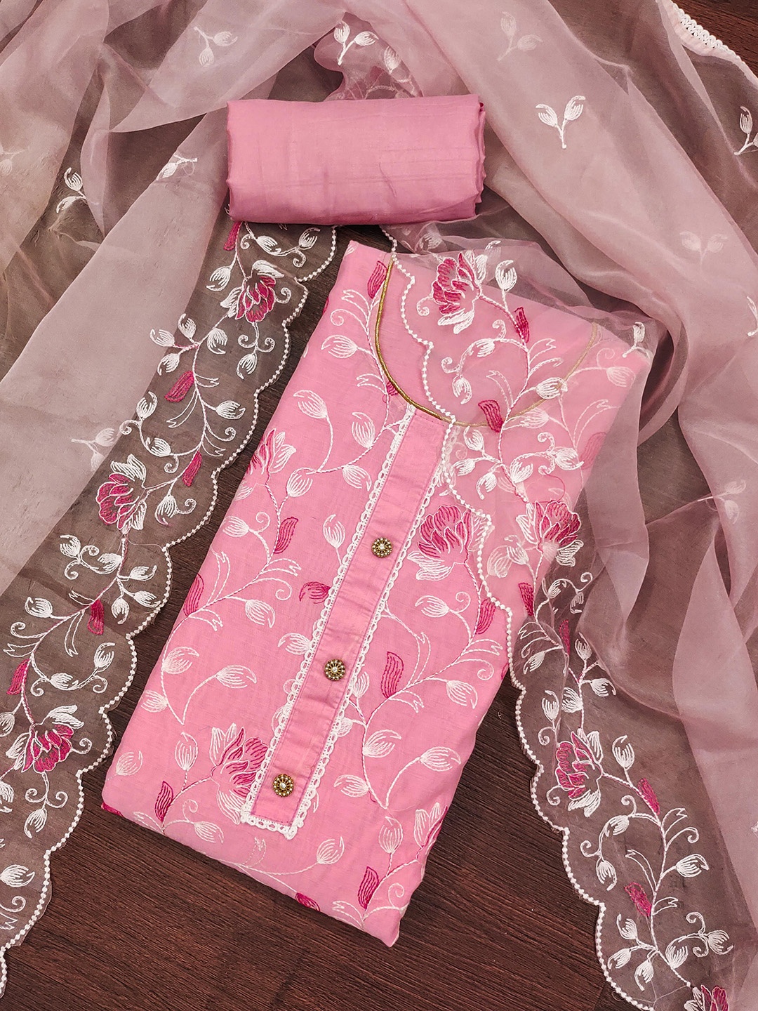 

KALINI Floral Embroidered Beads and Stones Detail Unstitched Dress Material, Pink