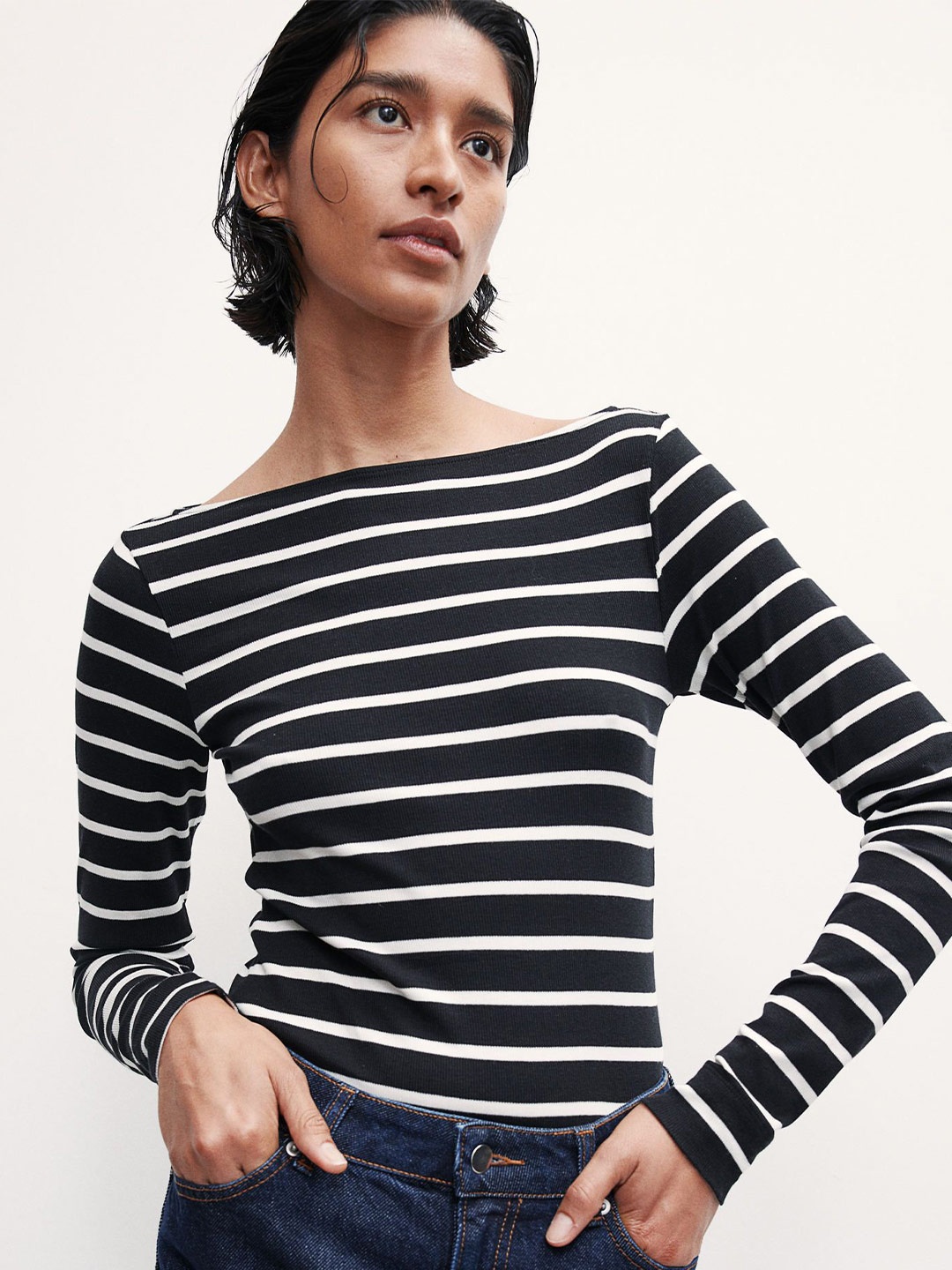 

H&M Striped Boat Neck Top, Black