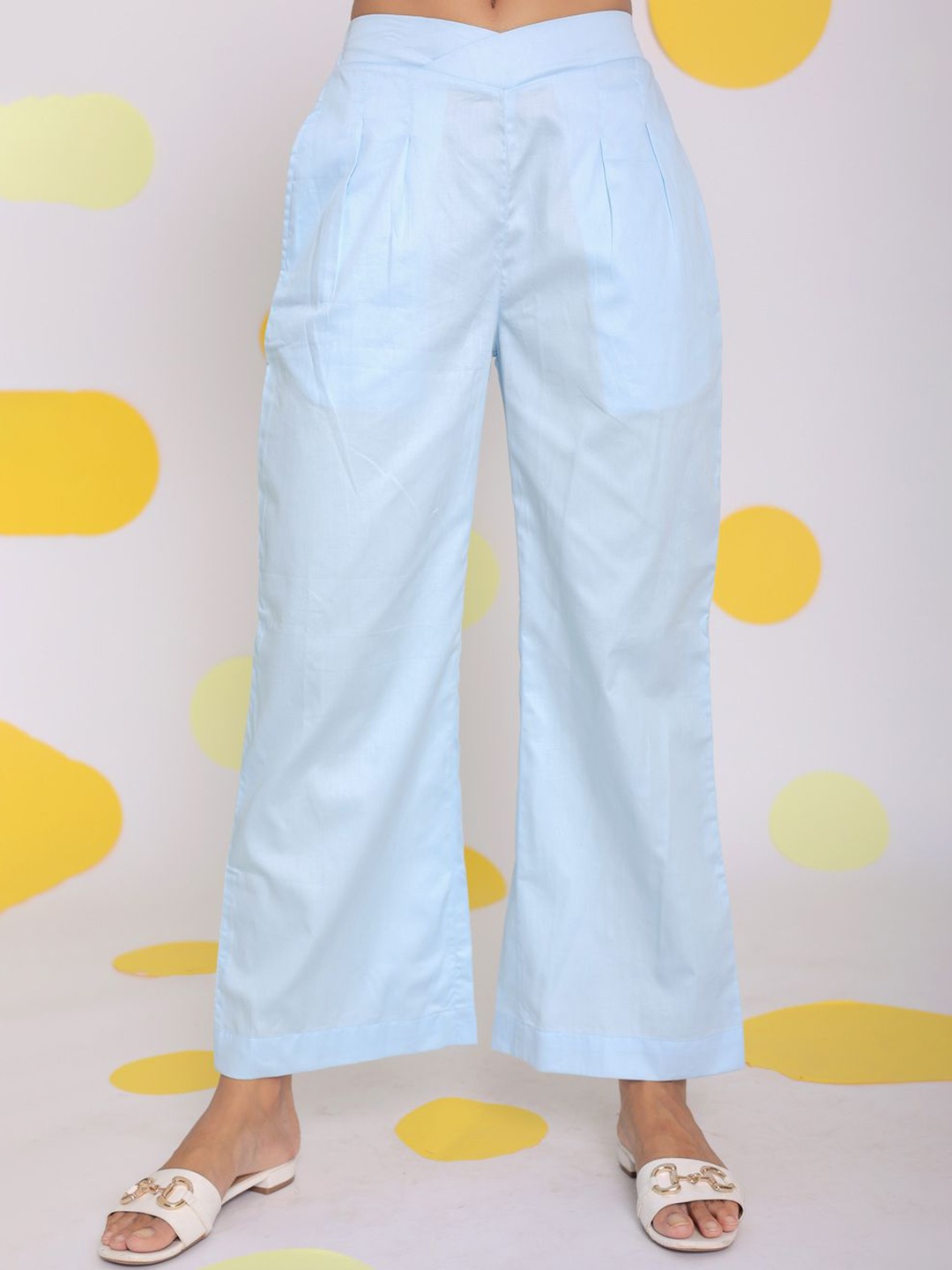 

KAORI BY SHREYA AGARWAL Women Relaxed Straight Leg High-Rise Pleated Cotton Trousers, Blue