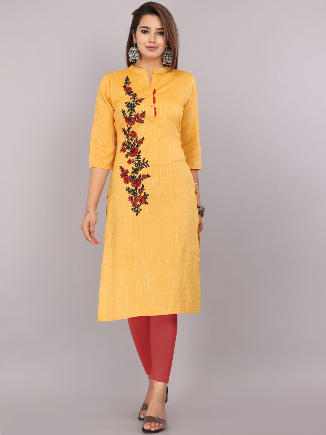 

Mehsoos Floral Embroidered Mandarin Collar Cotton Straight Kurta, Yellow