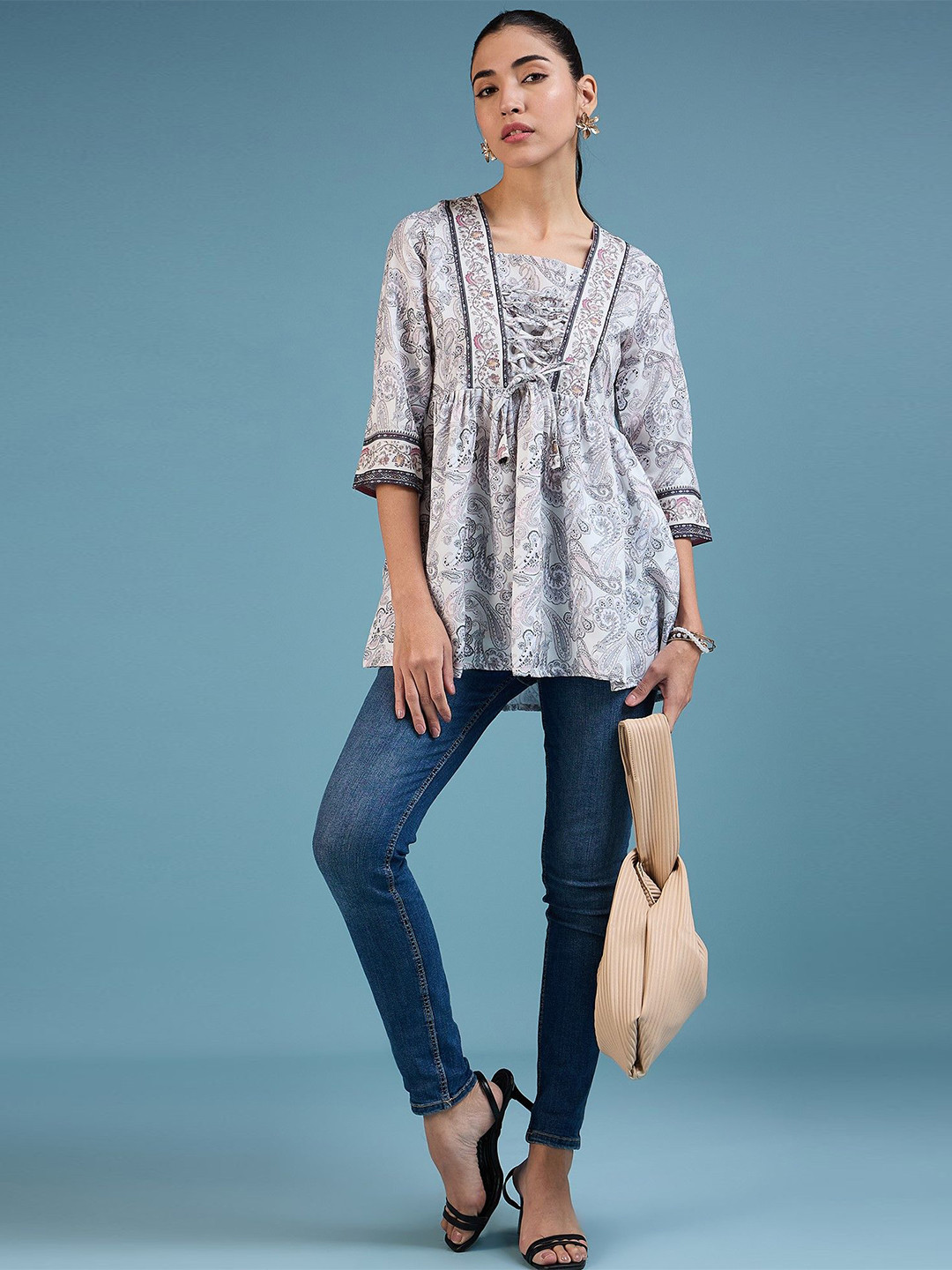 

VIRICA Women Ethnic Motifs Printed Square Neck Top, Off white