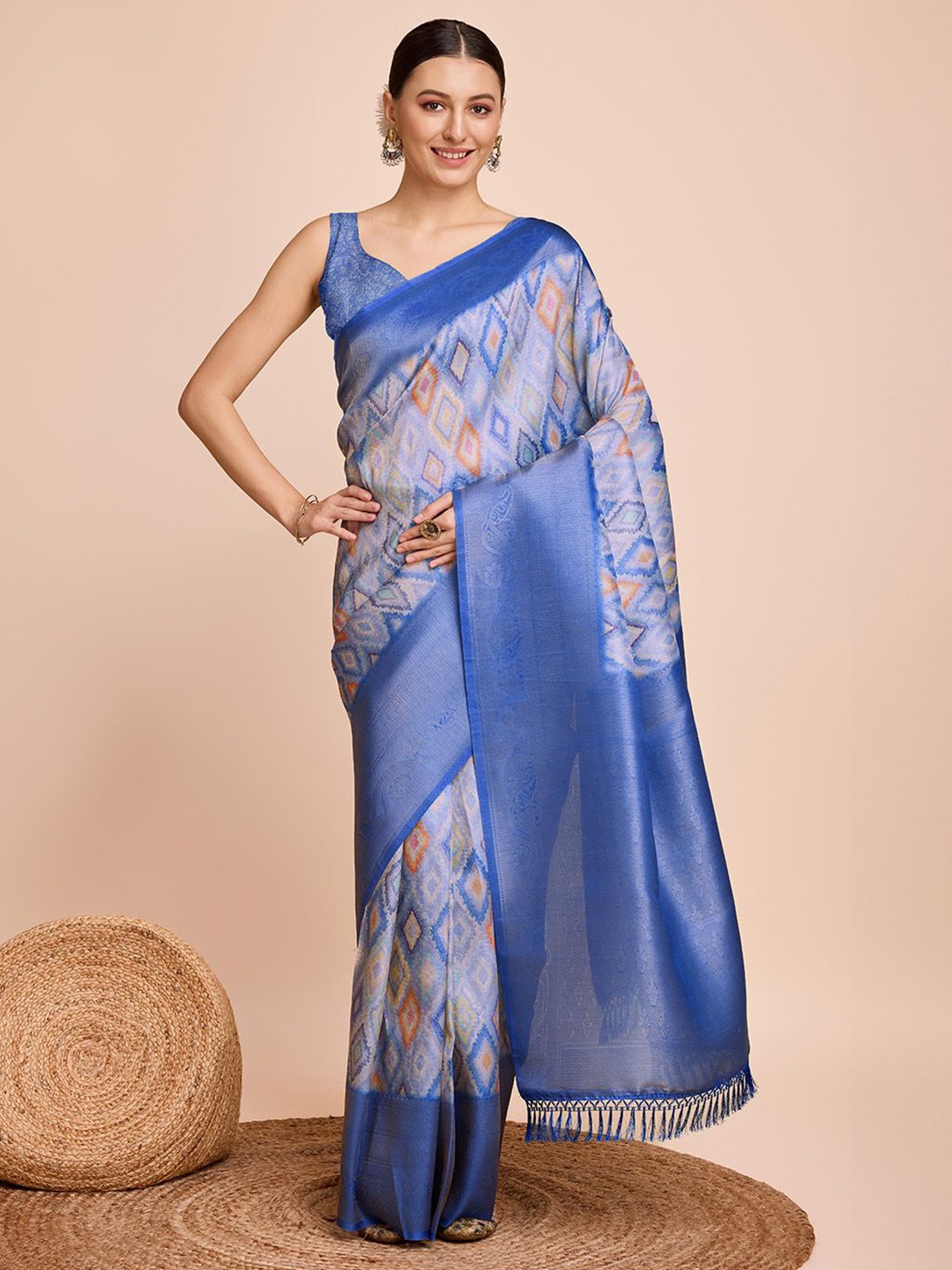 

Kriyansh Geometric Printed Zari Kanjeevaram Saree, Blue