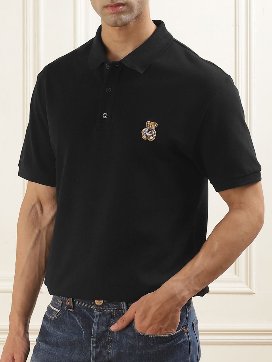 

MOSCHINO COUTURE Men Solid Polo Collar Cotton Slim Fit T-shirt, Black