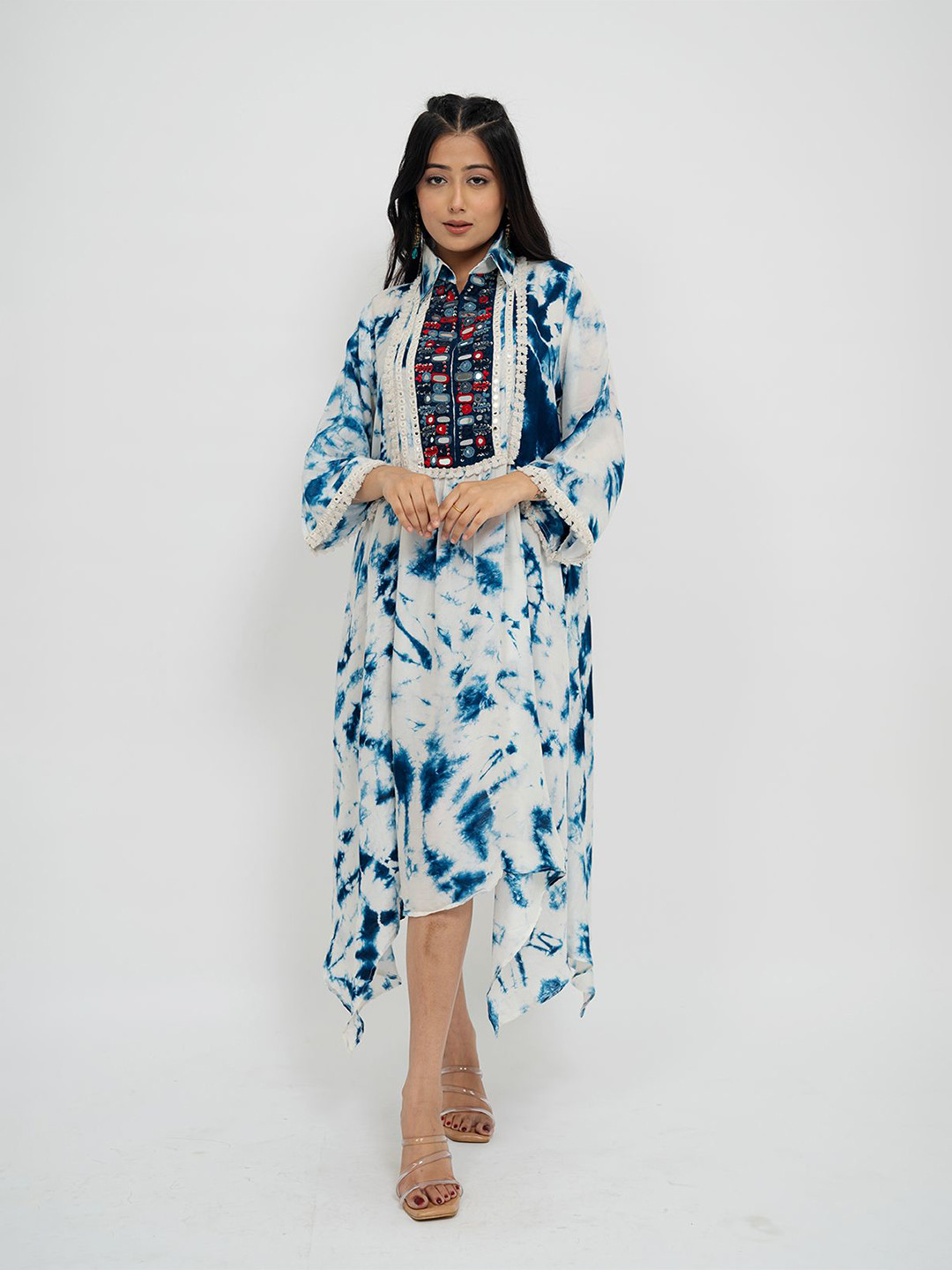 

AFFAIRE'S BY LEVELL5 Tie and Dye Lace-Up A-Line Midi Dress, Blue