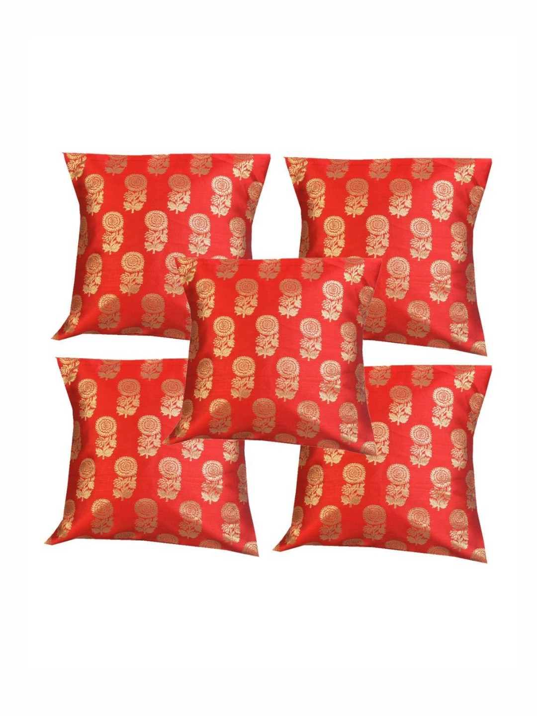 

Pink Parrot Red & Gold-Toned 5 Pieces Floral Zari Square Cushion Covers