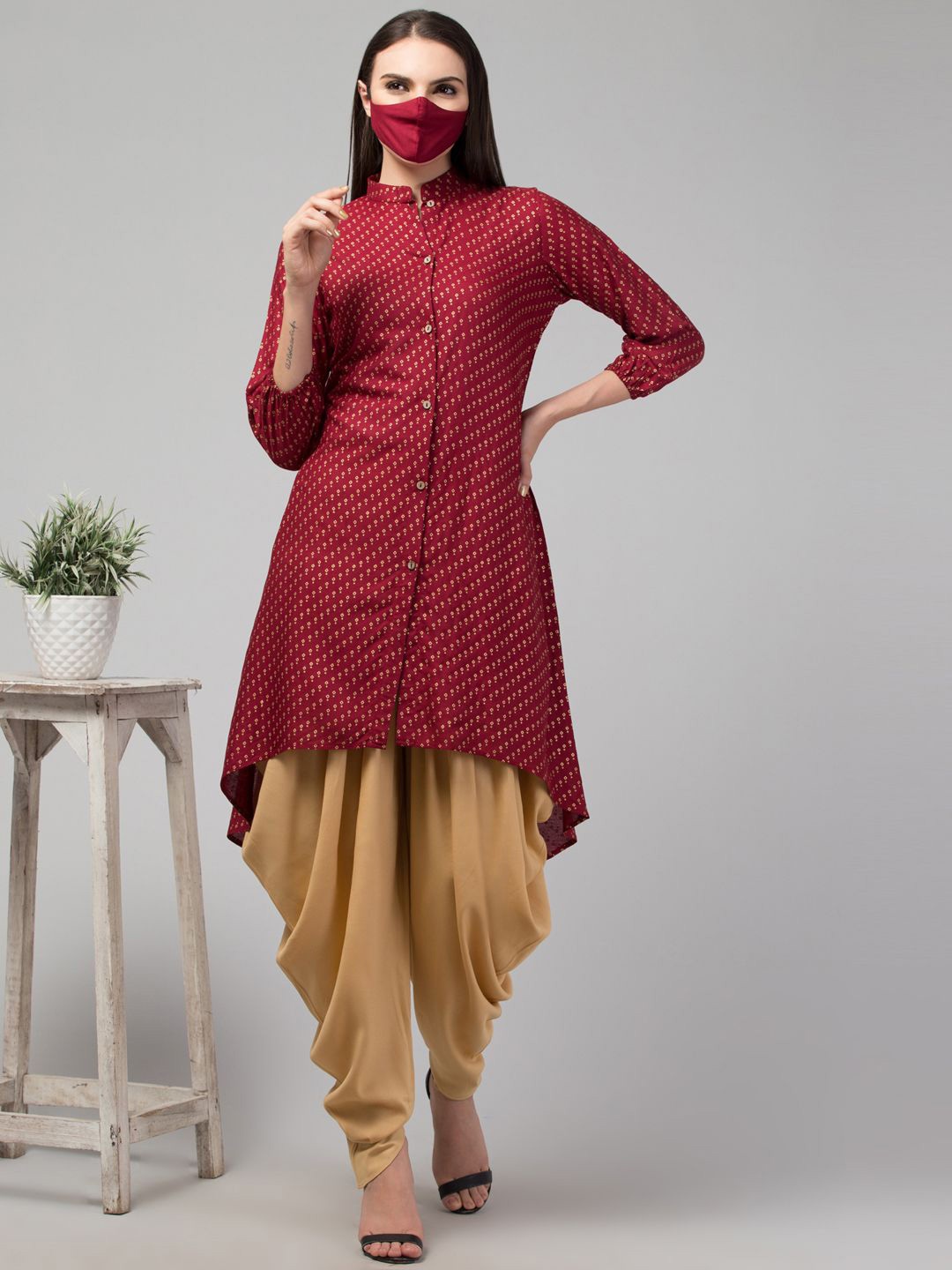 

MUSHKIYA Ethnic Motifs Printed A-Line Kurta with Dhoti Pants, Maroon