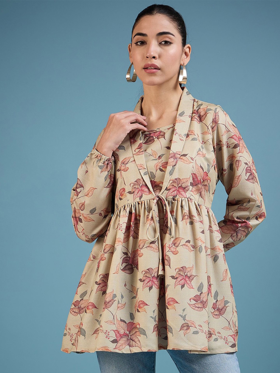 

VIRICA Women Floral Printed Square Neck Top, Beige