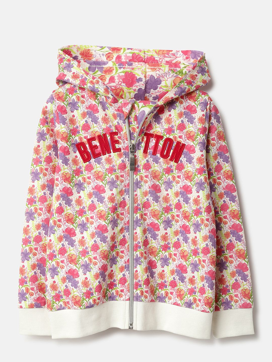 

United Colors of Benetton Girls Floral Printed Hooded Pure Cotton Sweatshirt, White
