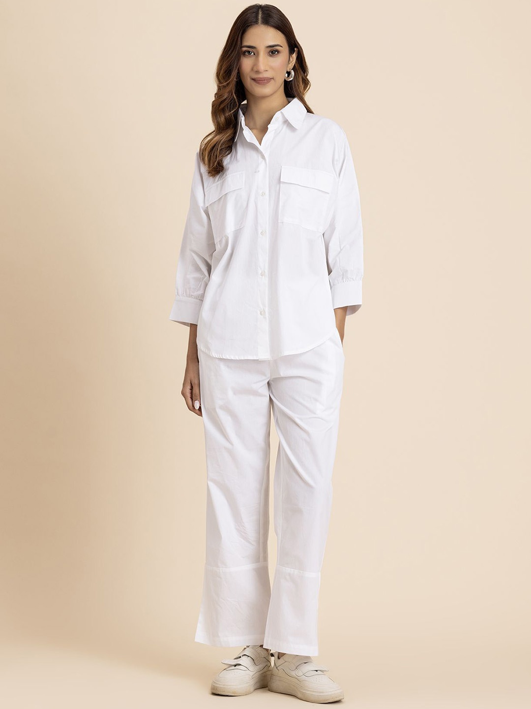 

Moomaya Cuffed Sleeves Pure Cotton Shirt With Trousers, White