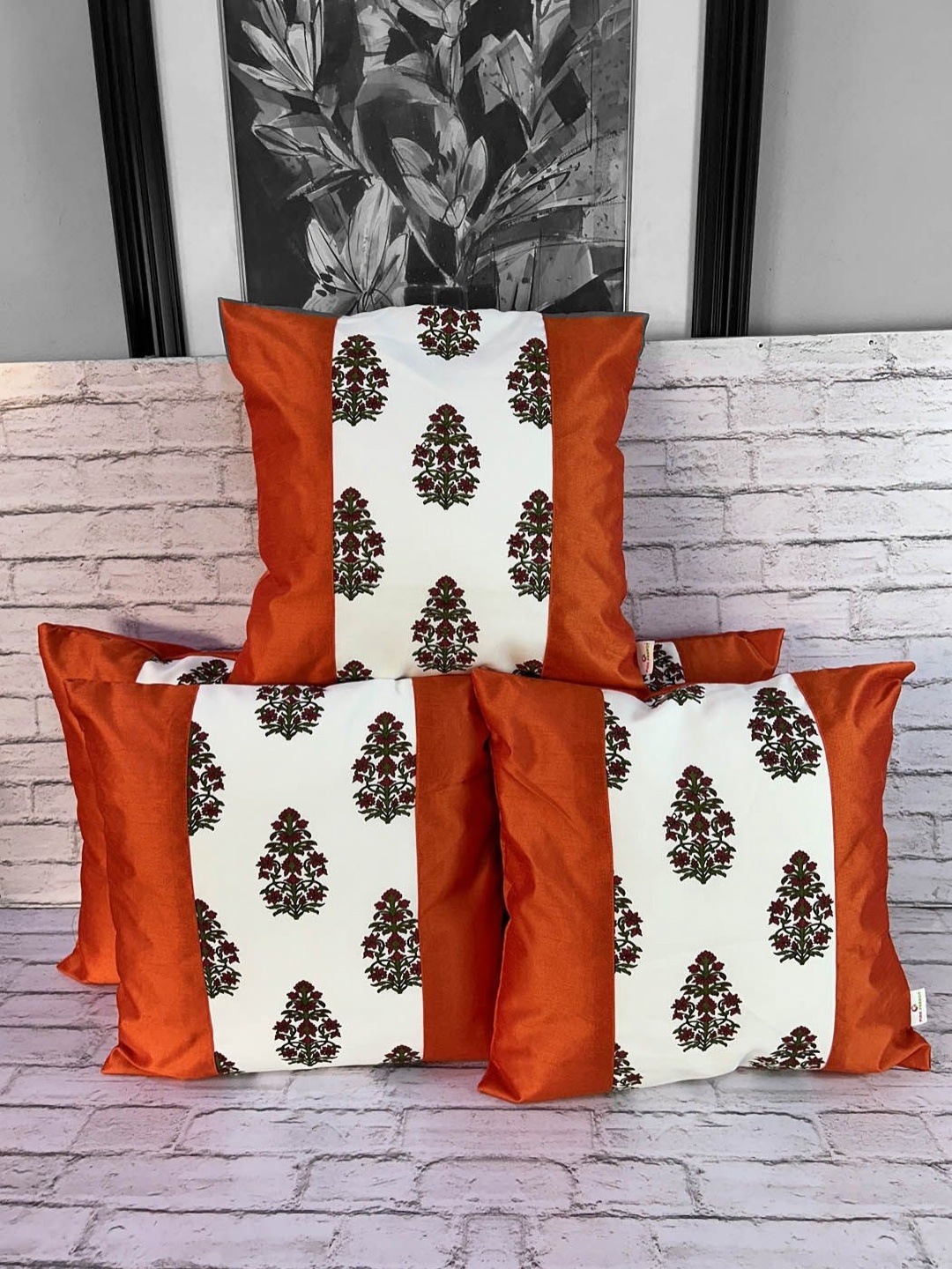 

Pink Parrot White & Rust 5 Pieces Floral Printed Jacquard Square Cushion Covers