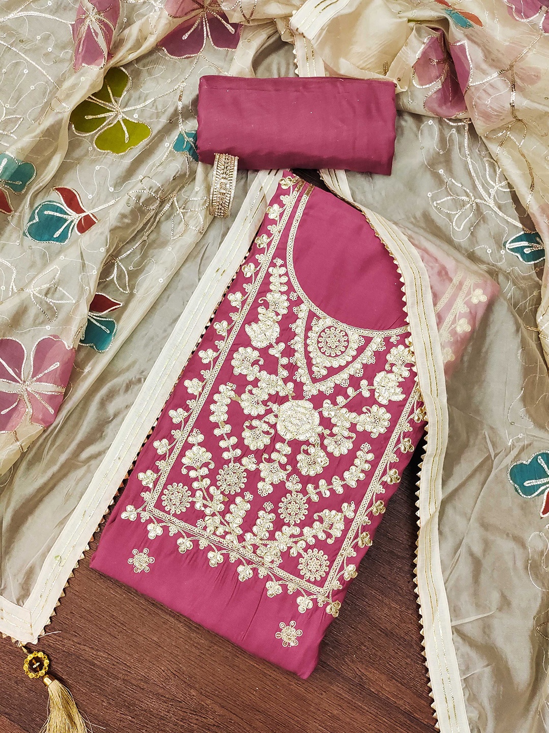 

Maroosh Embellished Unstitched Dress Material, Pink