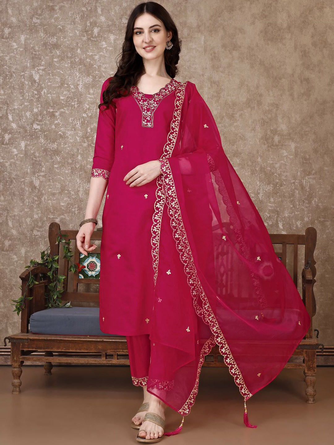

Kalini Floral Embroidered Sequined Straight Kurta With Trousers & Duppatta, Pink