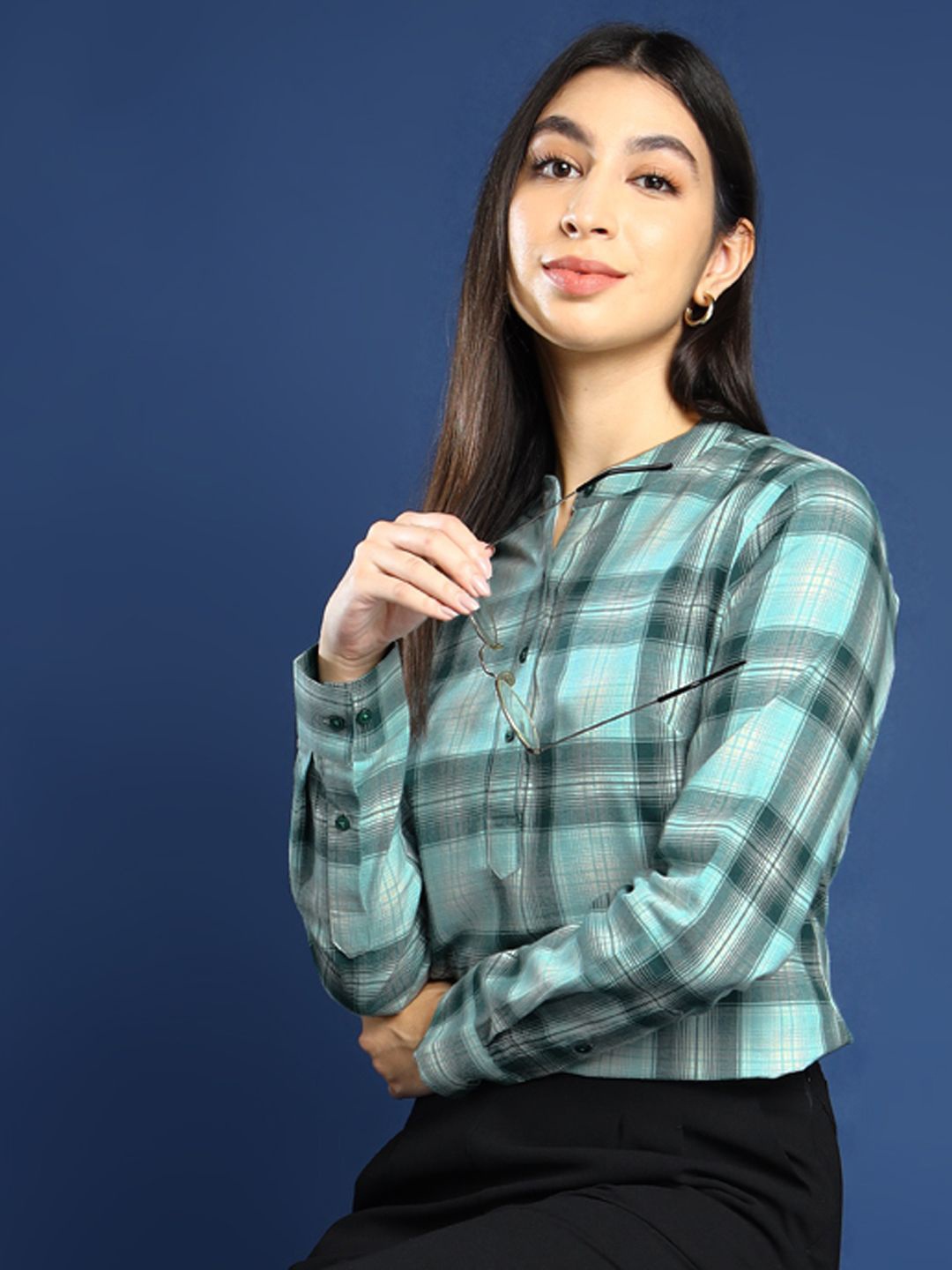 

Hancock Tartan Checked Mandarin Collar Pure Cotton Formal Top, Green