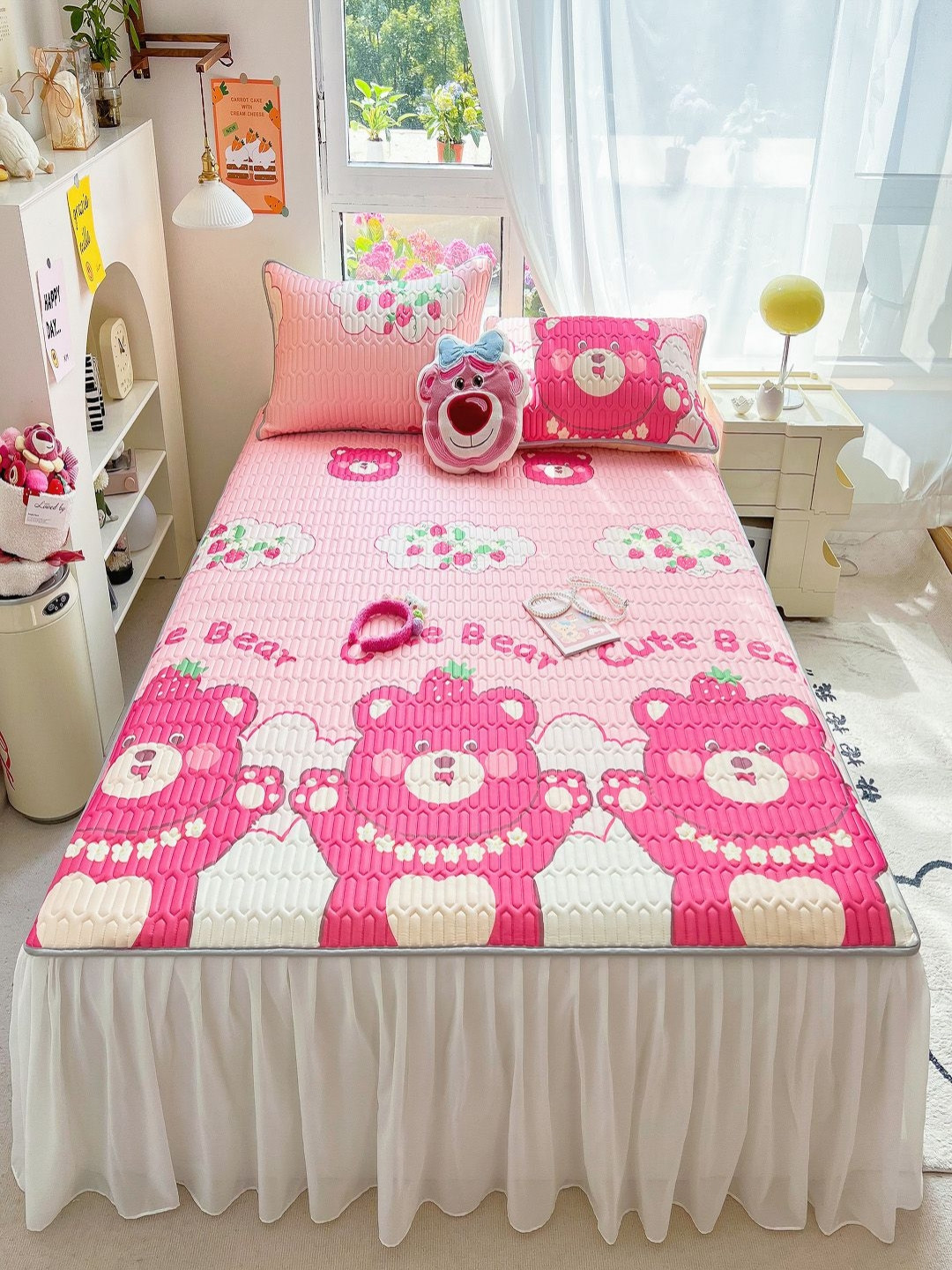

JC HOME Pink & White Geometric Fitted 160 TC King Bedsheet with 2 Pillow Covers