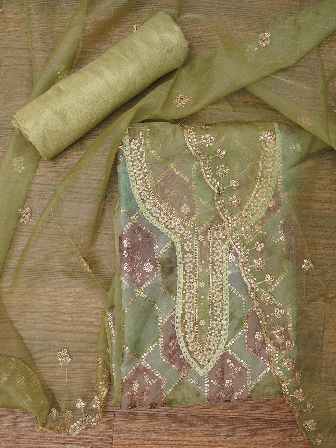 

Jaipur Kurti Sequin Embroidered Organza Dress Material with Dupatta, Green
