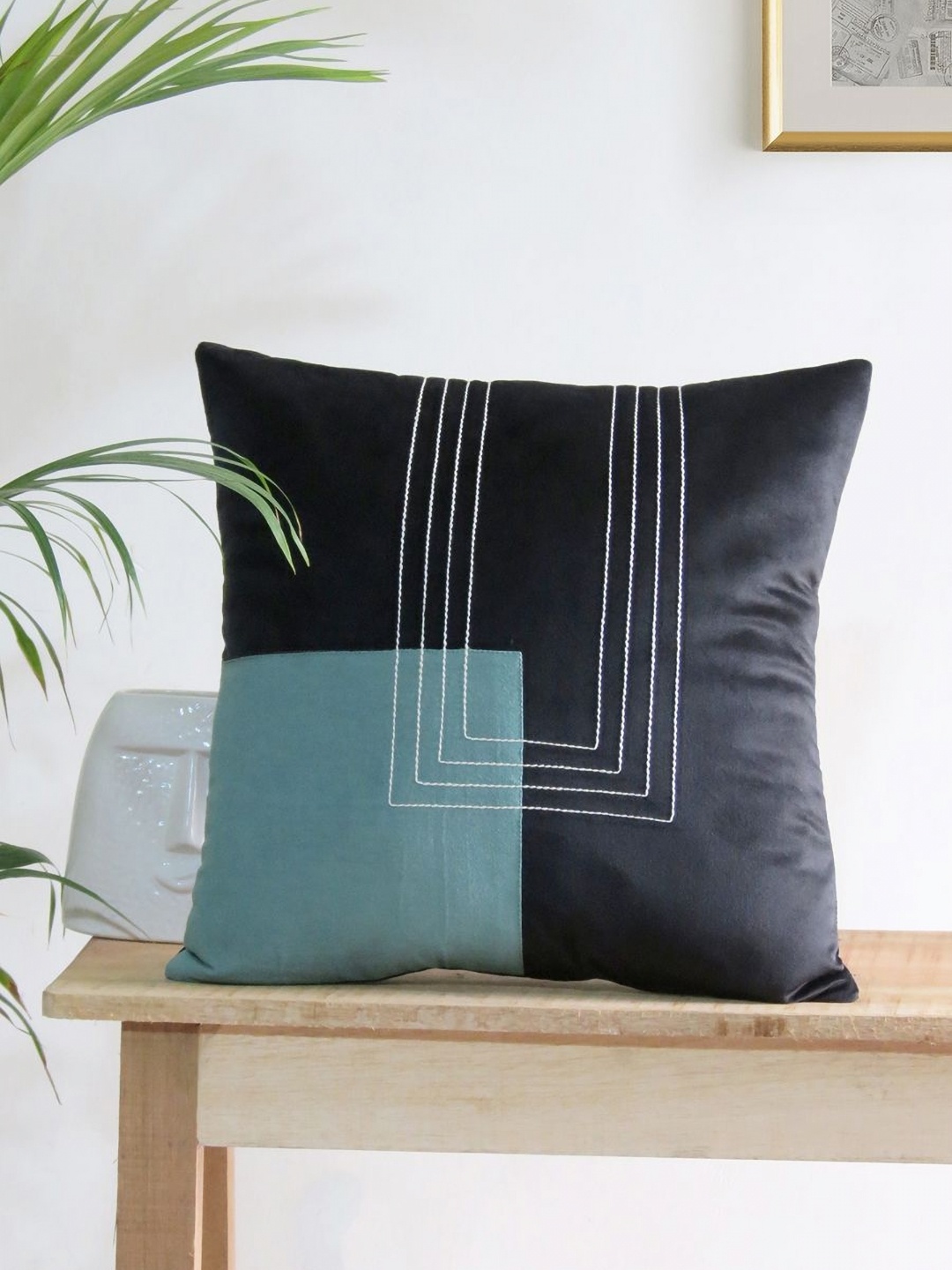 

Mid July Home Black & Blue Checked Velvet Square Cushion Cover