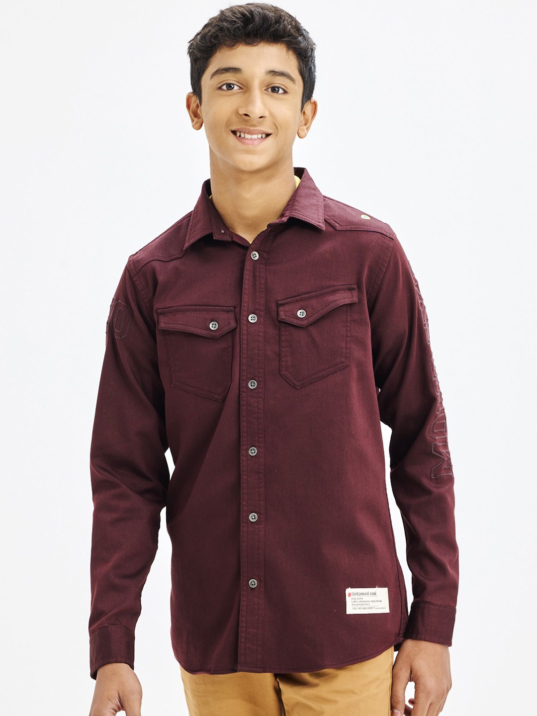 

NO MONDAYS Boys Relaxed Spread Collar Solid Cotton Casual Shirt, Maroon