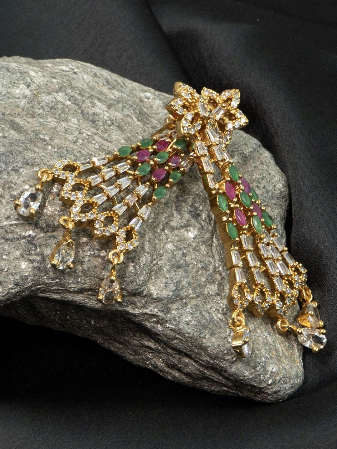 

SHARLEEZ Gold-Plated Cubic Zirconia & Emerald Studded Drop Earrings