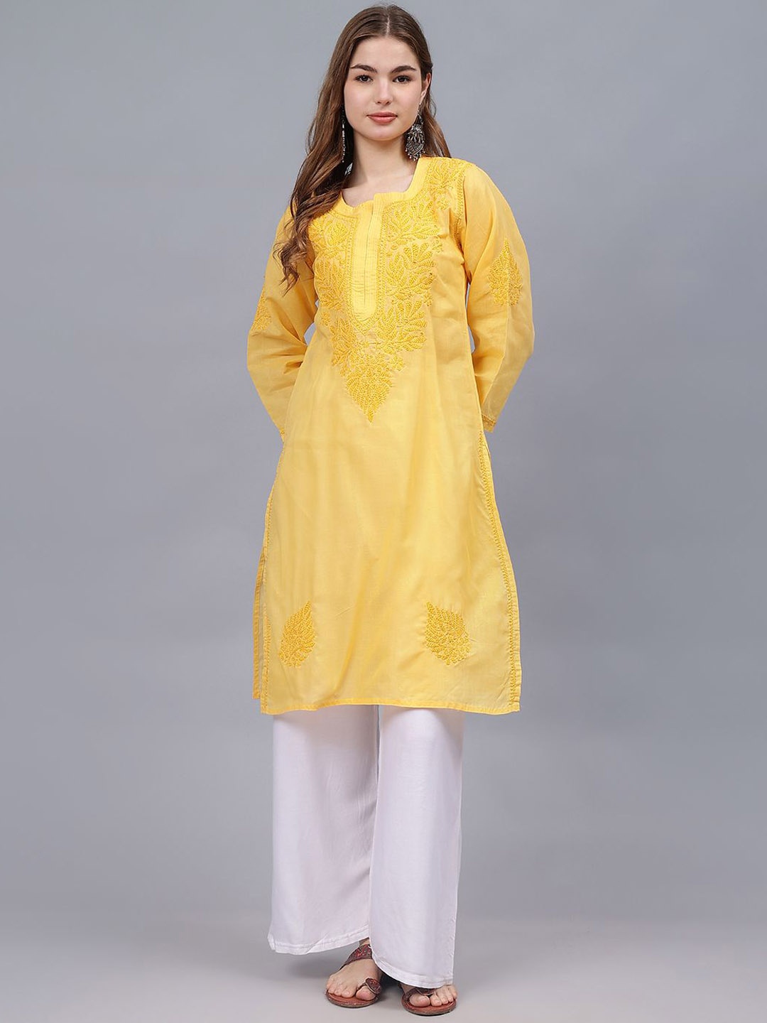 

Seva Chikan Floral Embroidered Chikankari Cotton Straight Kurta, Yellow