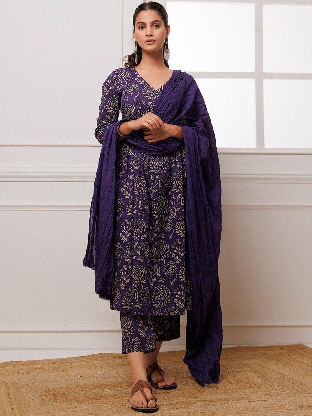 

Anni Designer Floral Printed Pleated Anarkali Kurta with Trousers & Dupatta, Purple