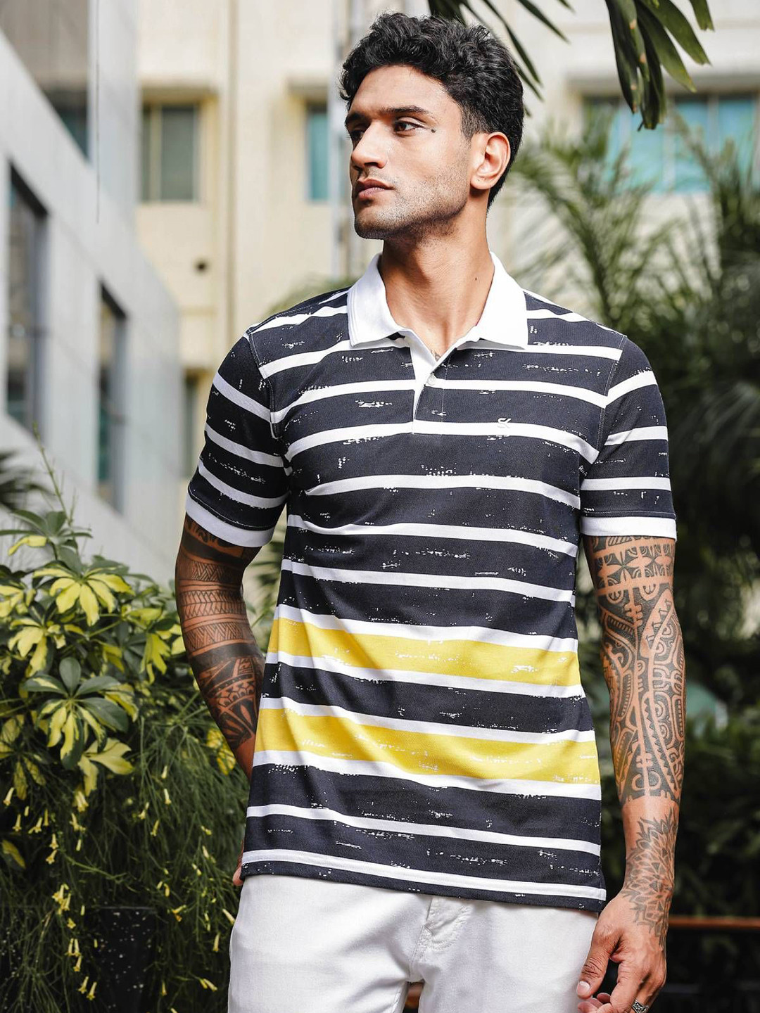

ONE SKY Men Striped Polo Collar Cotton T-shirt, Black