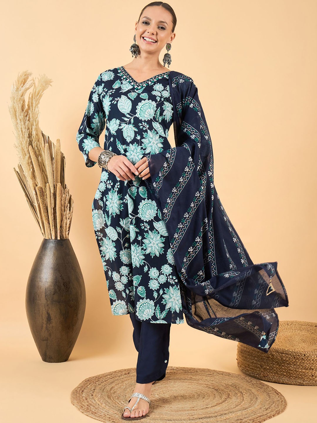 

Sangria Floral Printed Thread Work Pure Cotton A Line Kurta With Trousers & Dupatta, Navy blue