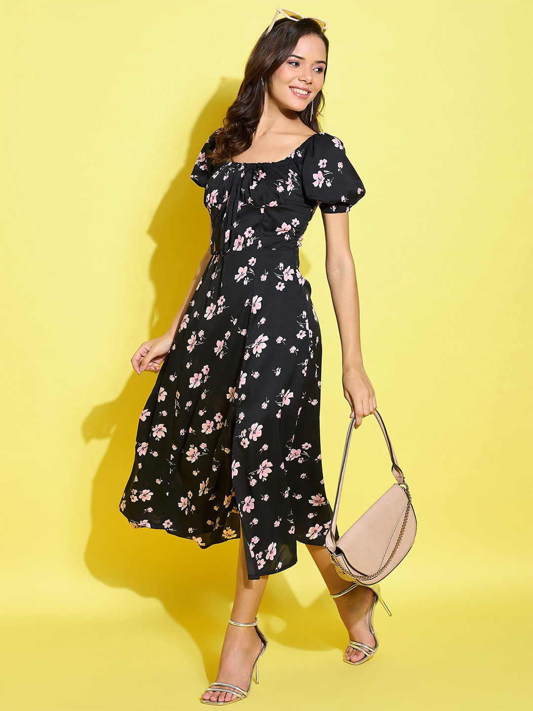 

ANVI Be Yourself Floral Printed Puff Sleeve Crepe Fit & Flare Midi Dress, Black