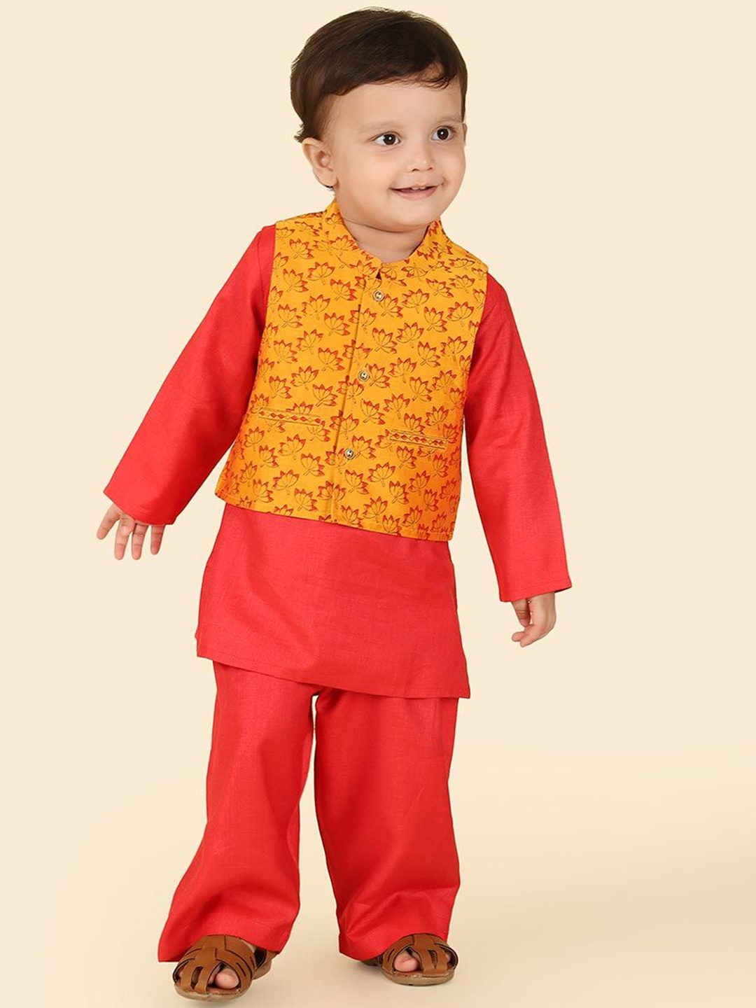 

Fabindia Boys Mandarin Collar Straight Kurta with Trousers & Nehru jacket, Red