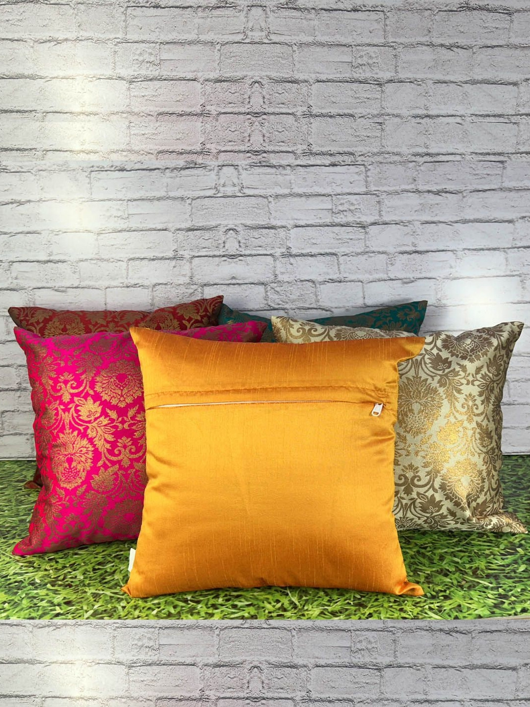 

Pink Parrot Gold-Toned & Pink 5 Pieces Floral Jacquard Square Cushion Covers