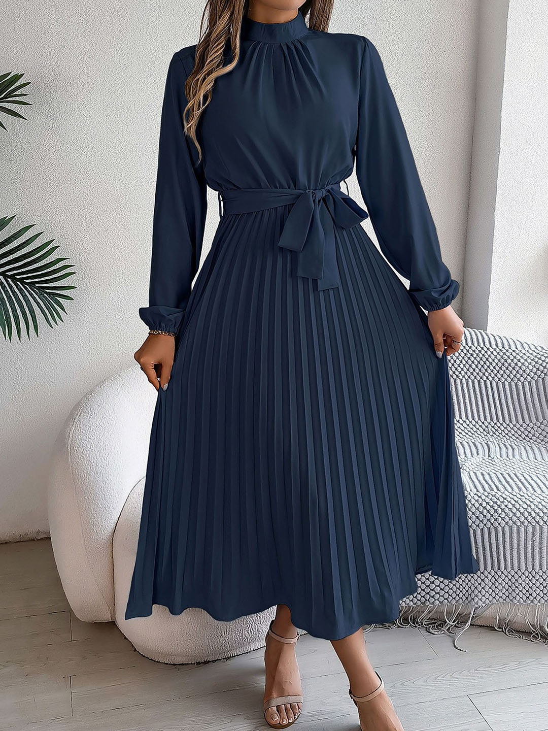 

StyleCast x Revolte Solid A-Line Pleated Midi Dress, Navy blue