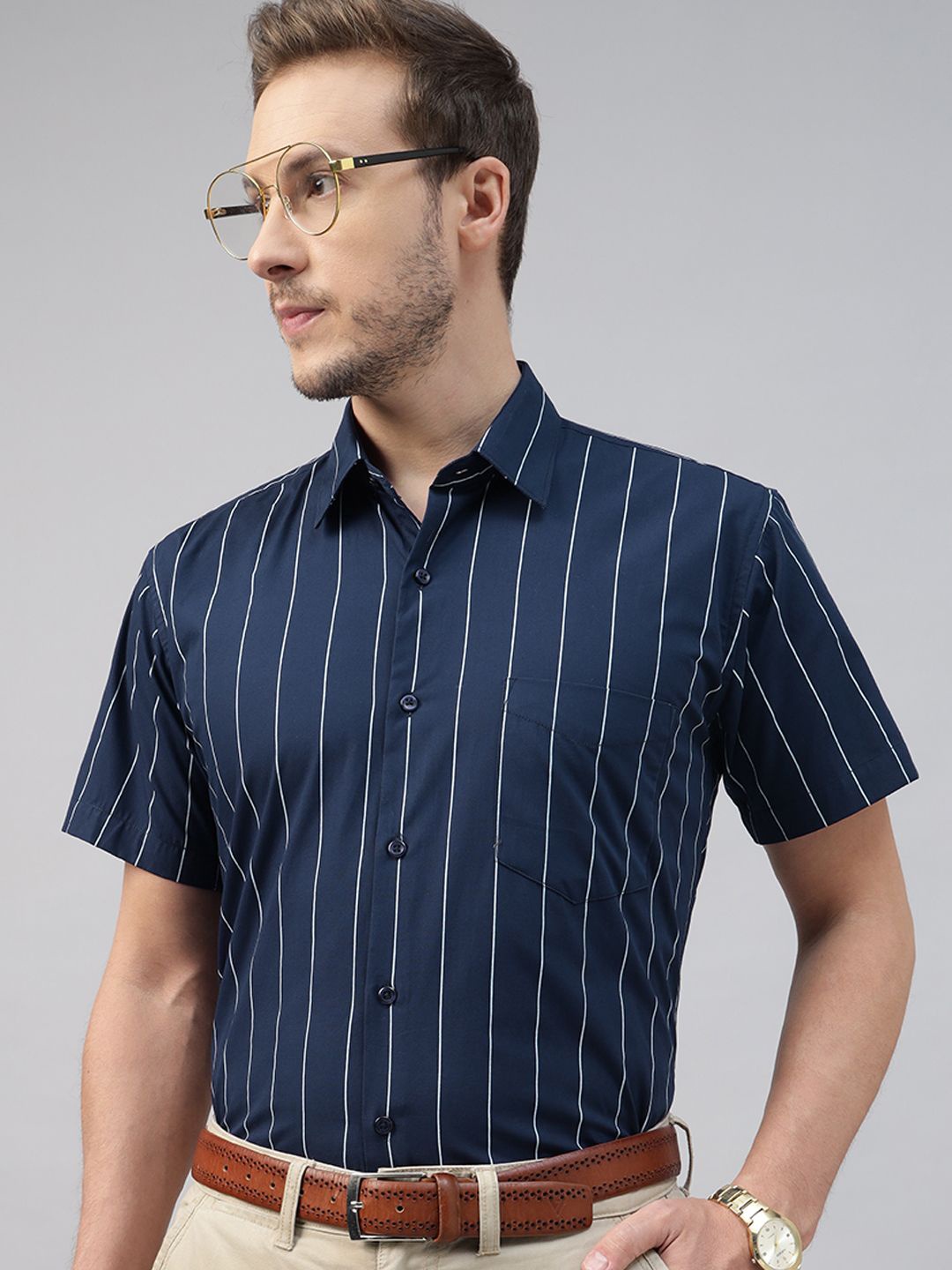 

Hancock Men Slim Fit Opaque Striped Pure Cotton Formal Shirt, Navy blue