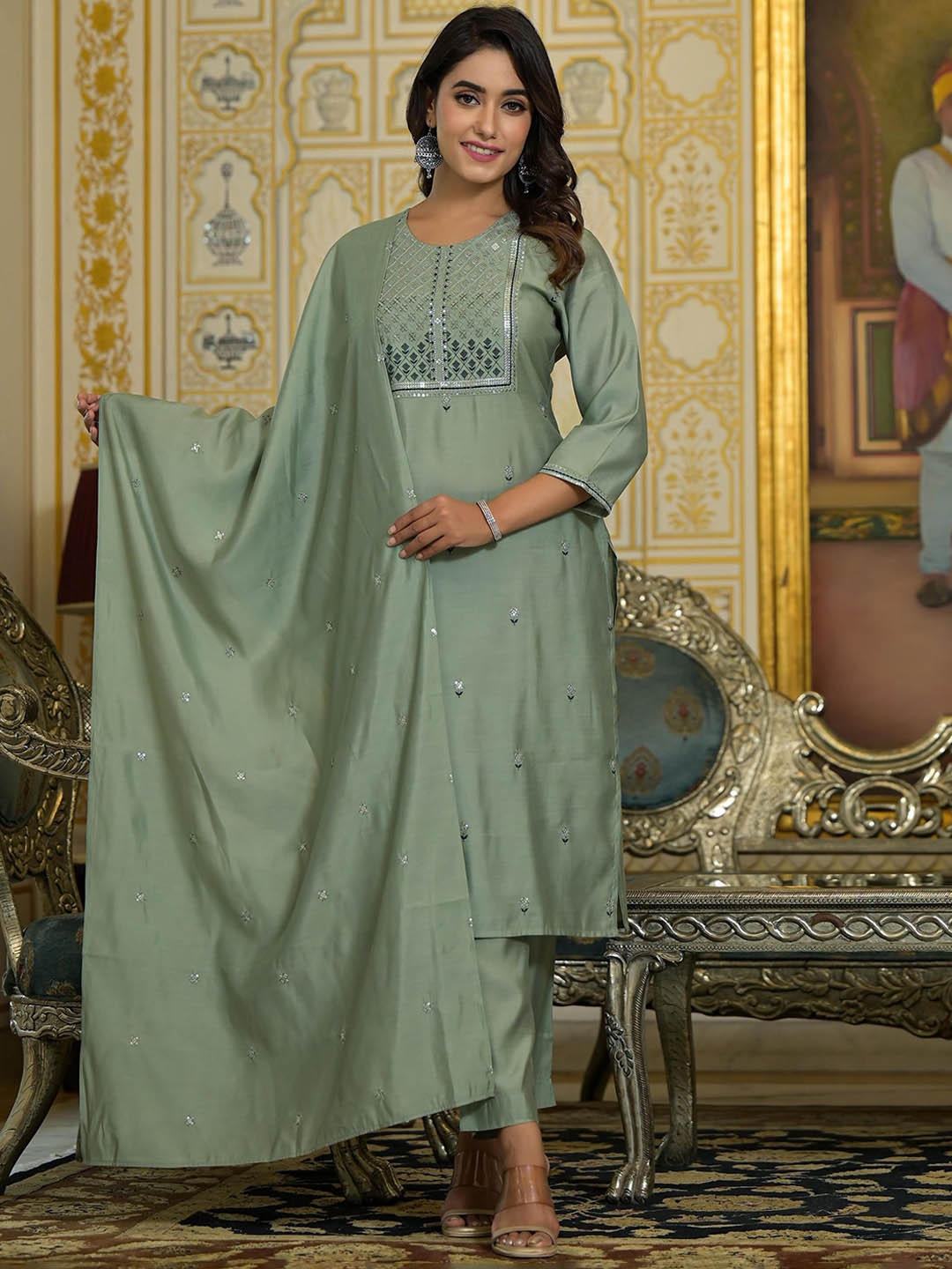 

Juniper Floral Embroidered Round Neck Zari Straight With Trousers & Dupatta, Green