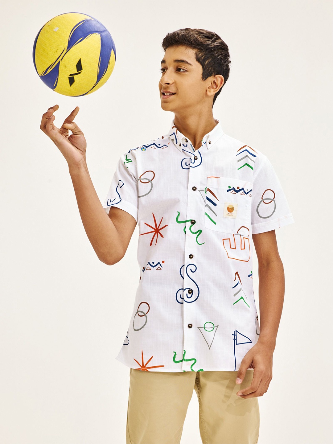 

NO MONDAYS Boys Relaxed Button-Down Collar Conversational Printed Cotton Casual Shirt, White